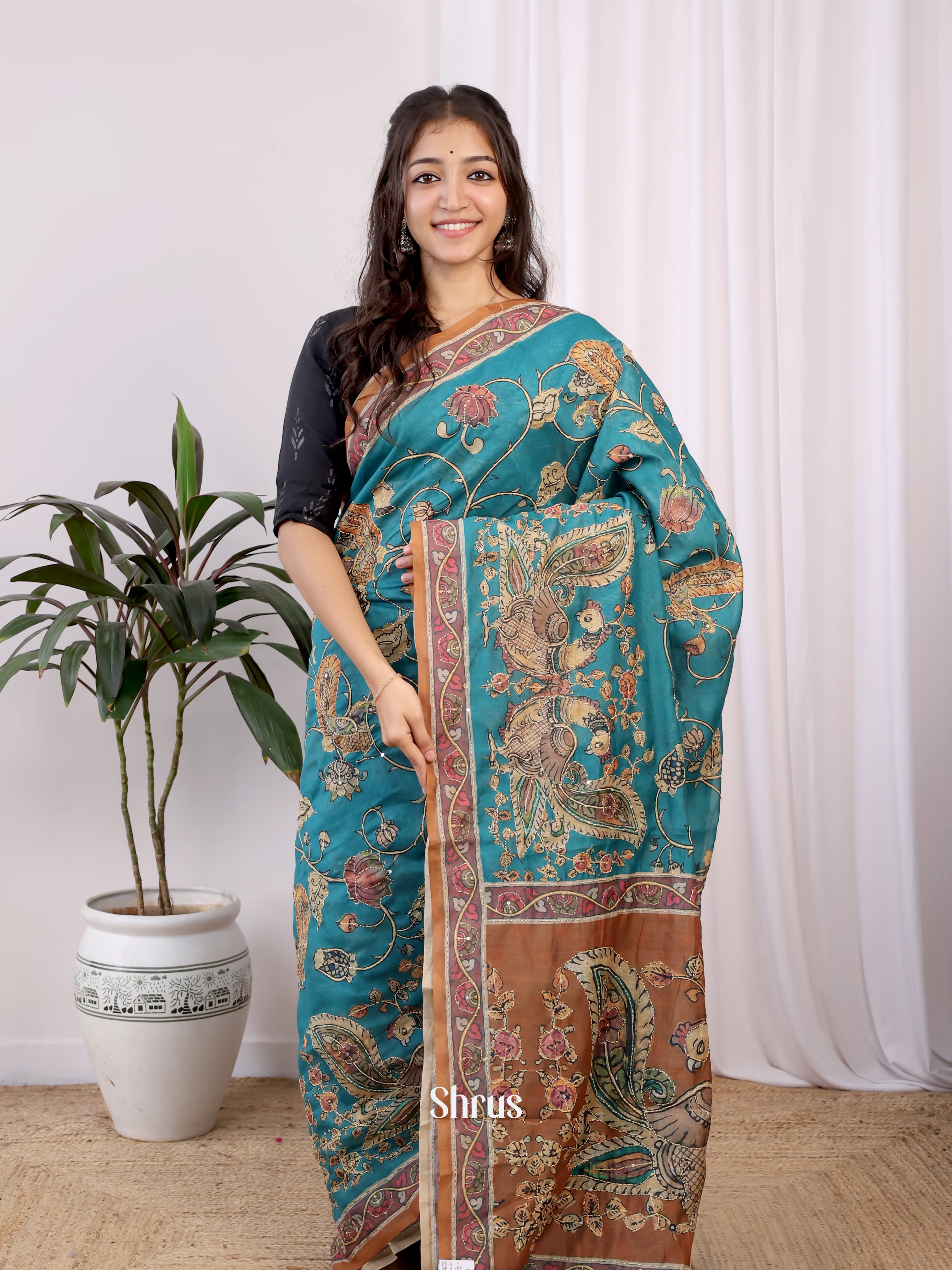 Blue & Brown - Semi Kantha Saree - Shop on Shrus.com