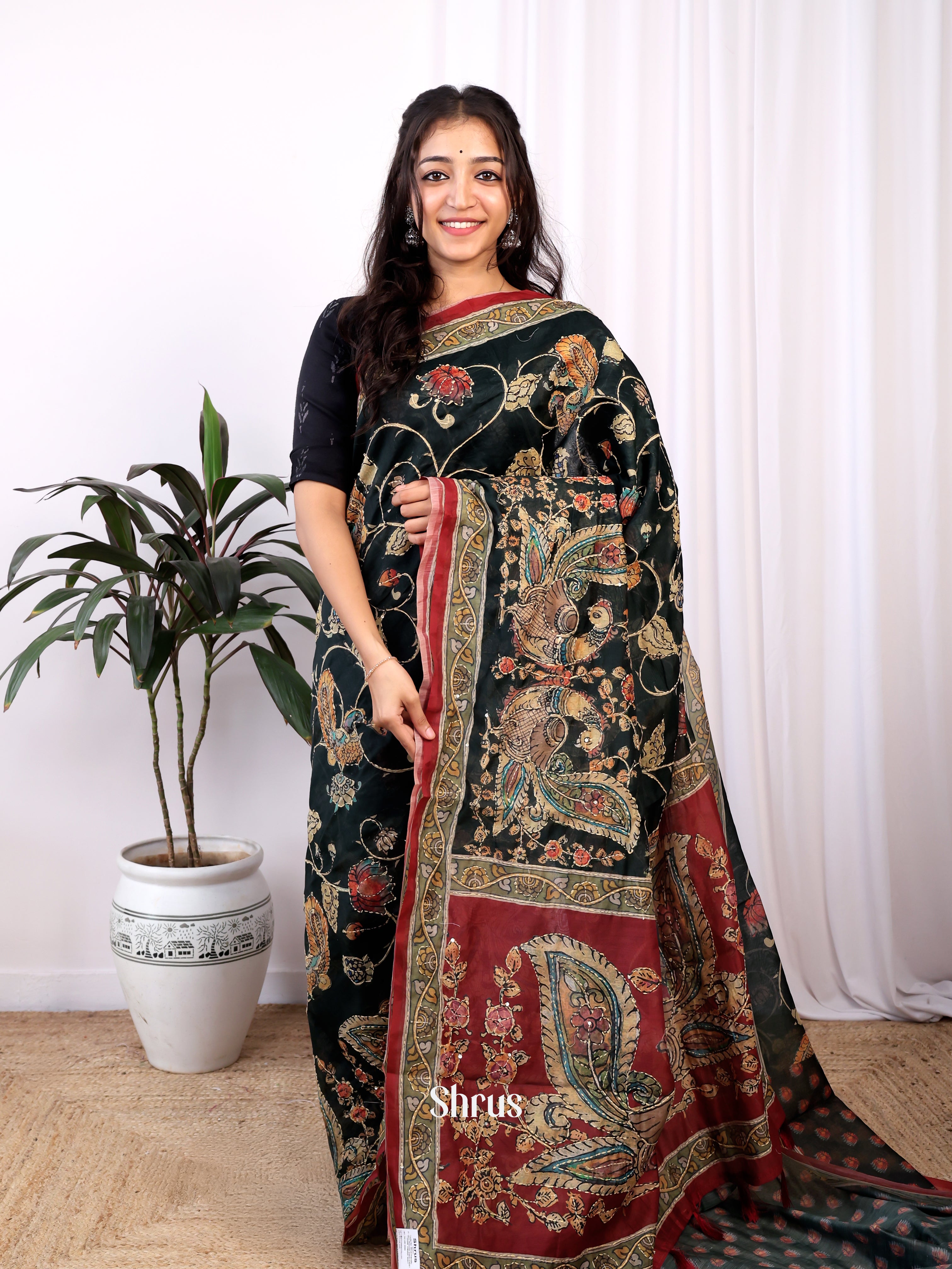 Black & Maroon - Semi Kantha Saree - Shop on Shrus.com