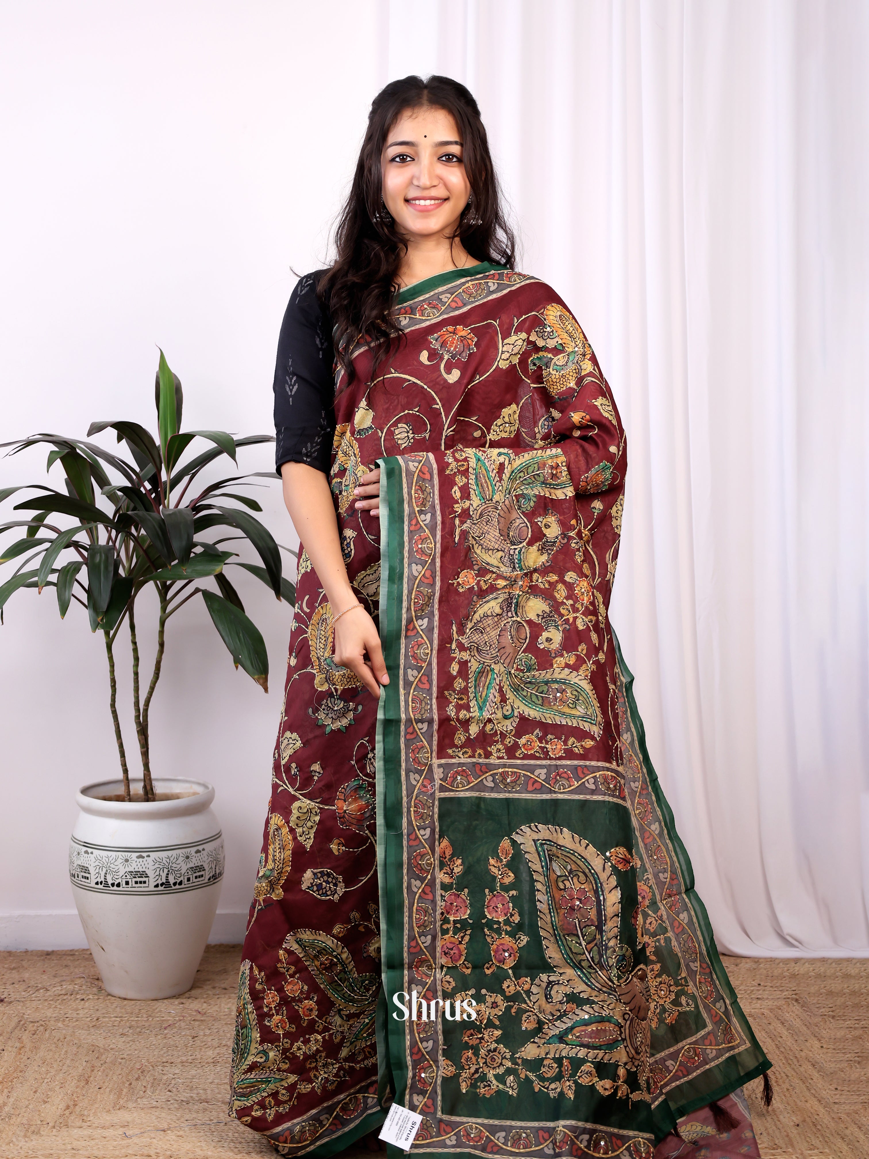 Maroon & green - Semi Kantha Saree - Shop on Shrus.com