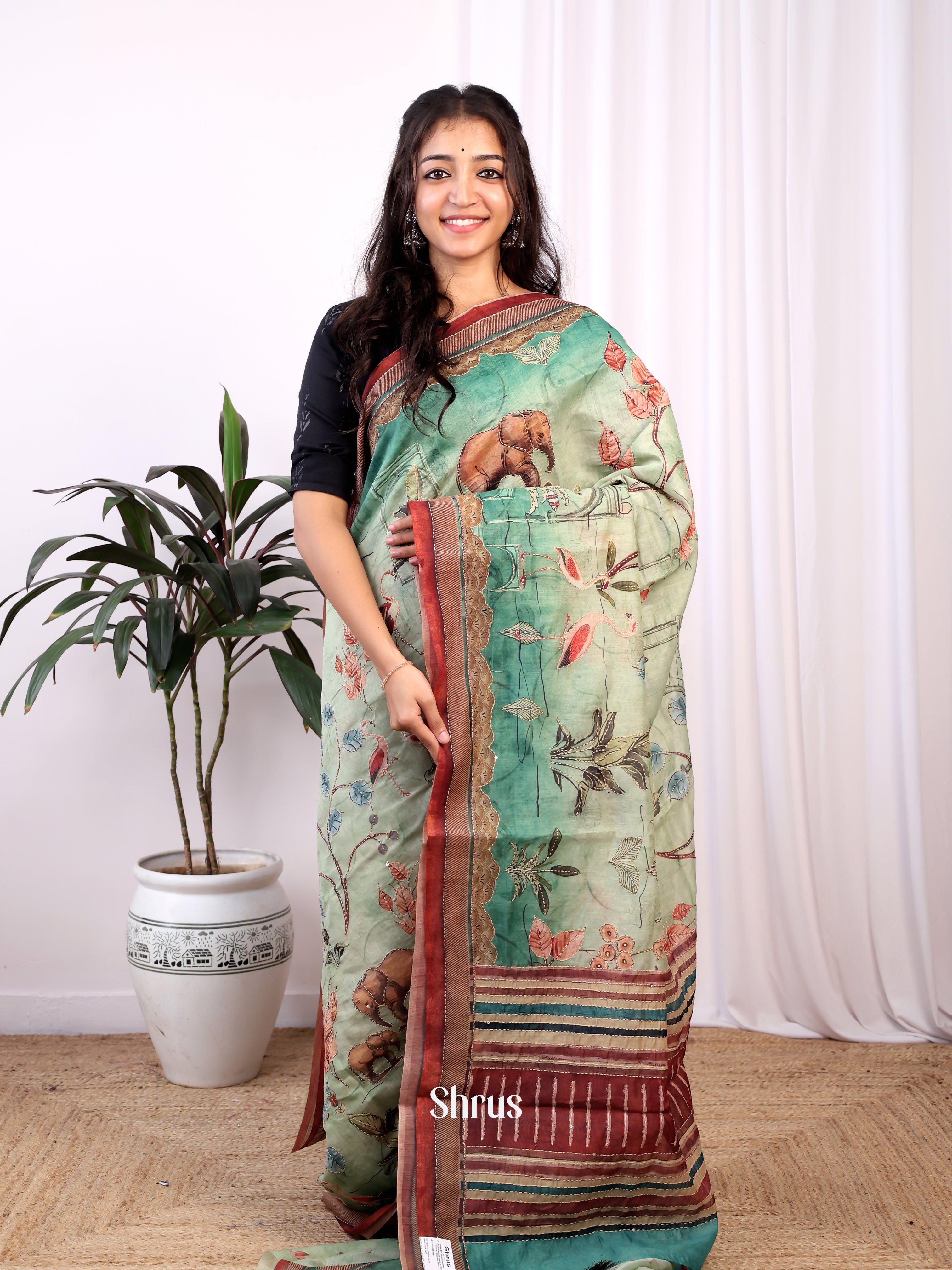 Green & Brown - Semi Kantha Saree - Shop on Shrus.com