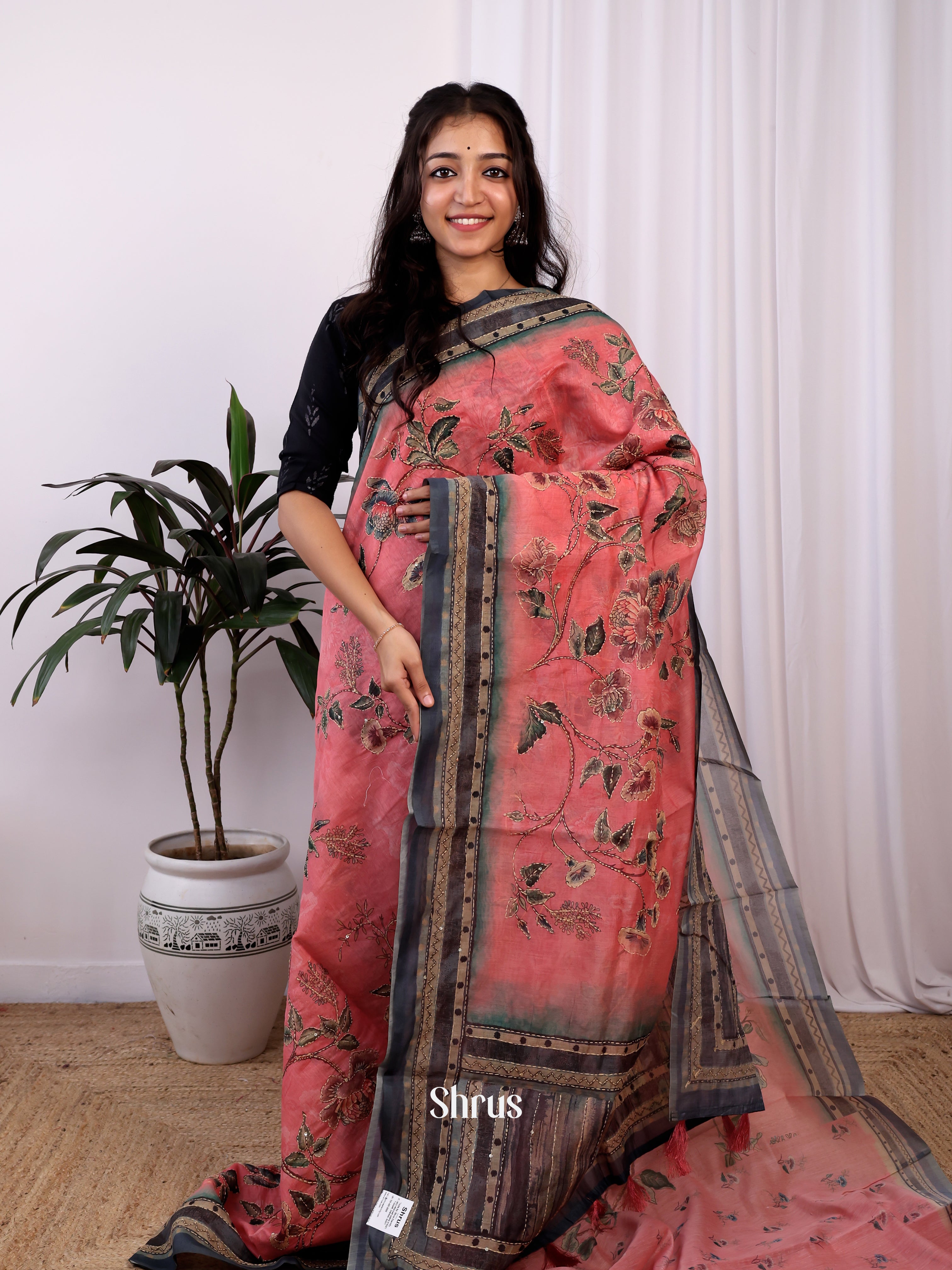 Pink & Grey - Semi Kantha Saree - Shop on Shrus.com