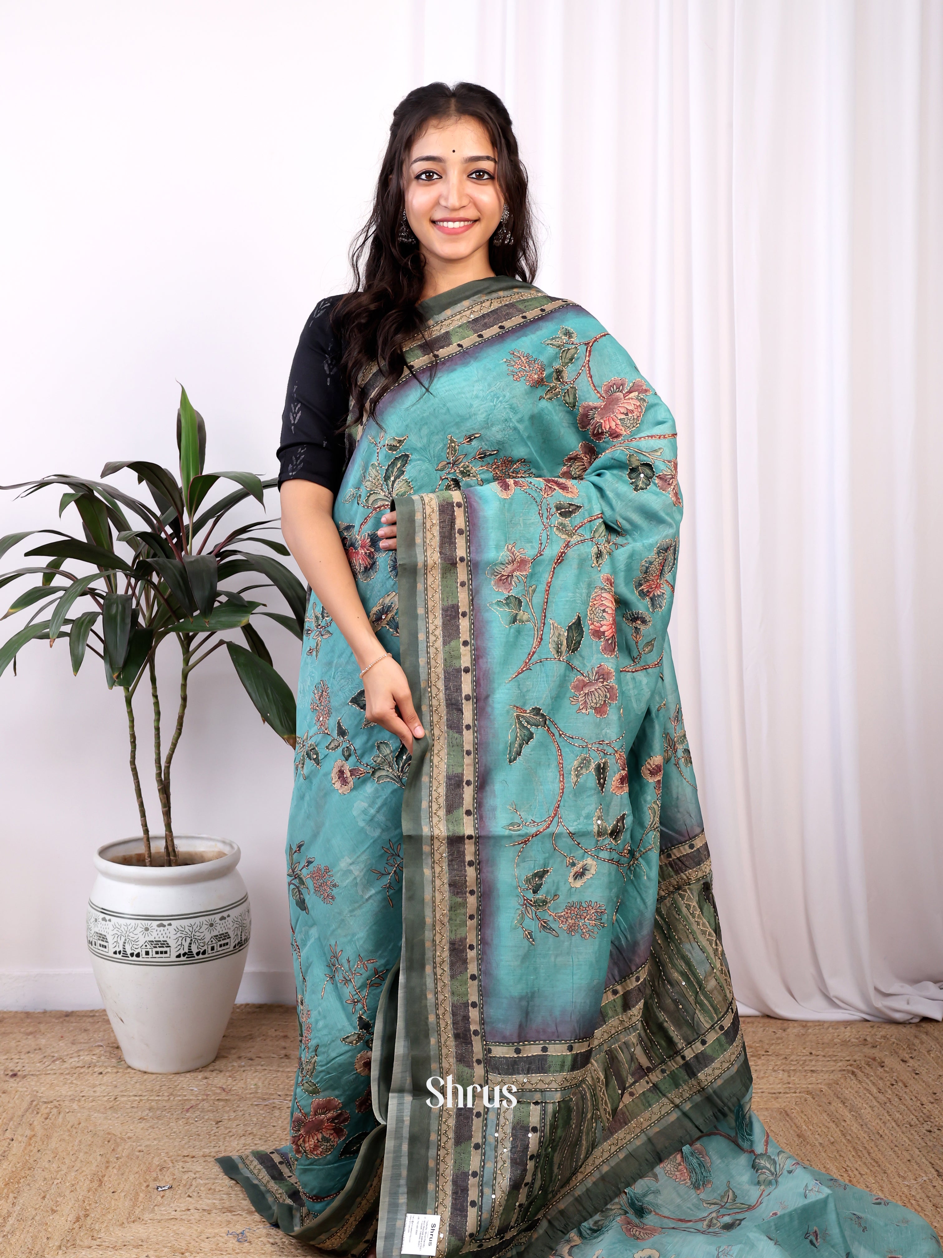 Blue & Green - Semi Kantha Saree - Shop on Shrus.com