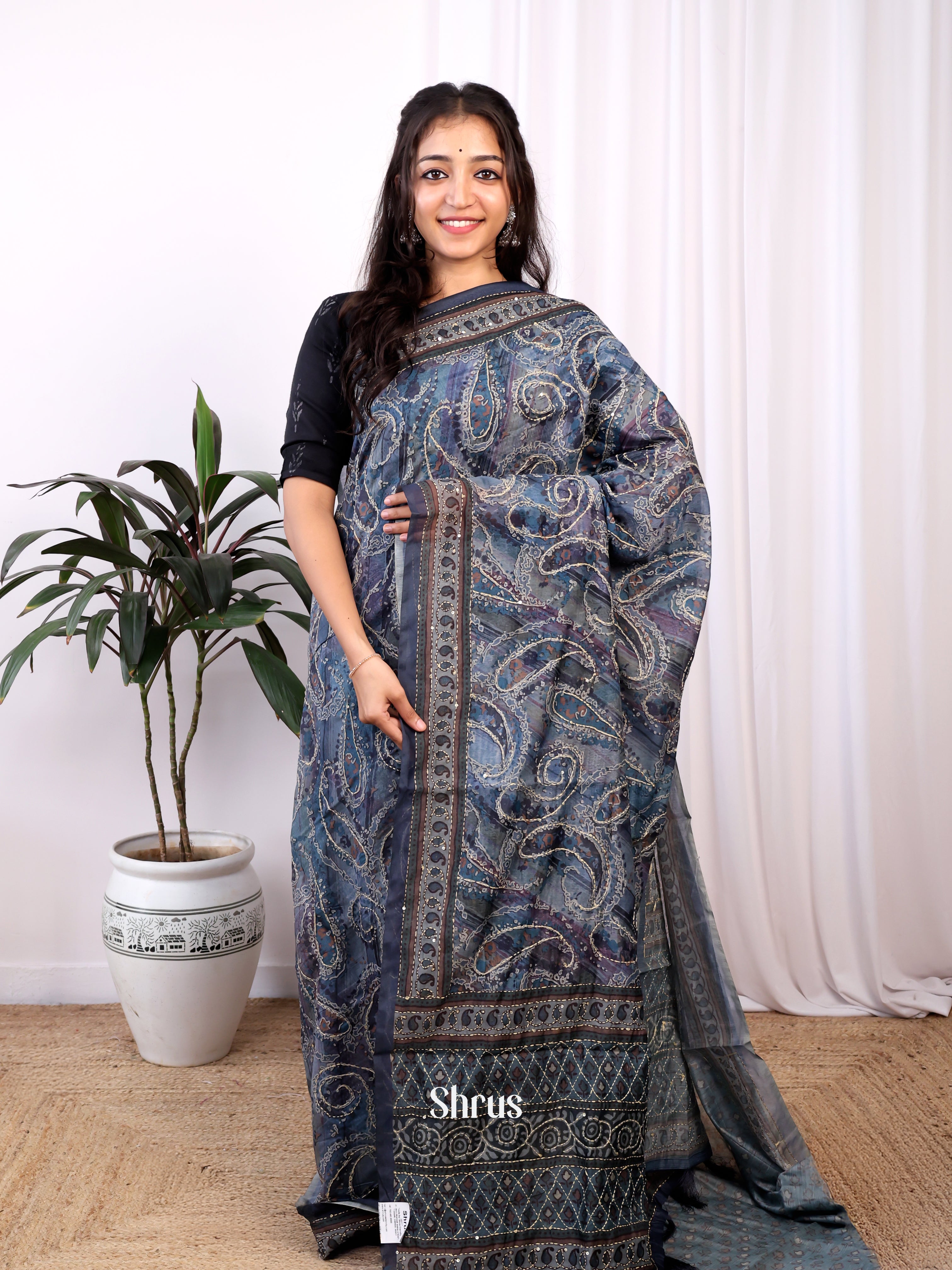 Blue - Semi Kantha Saree - Shop on Shrus.com