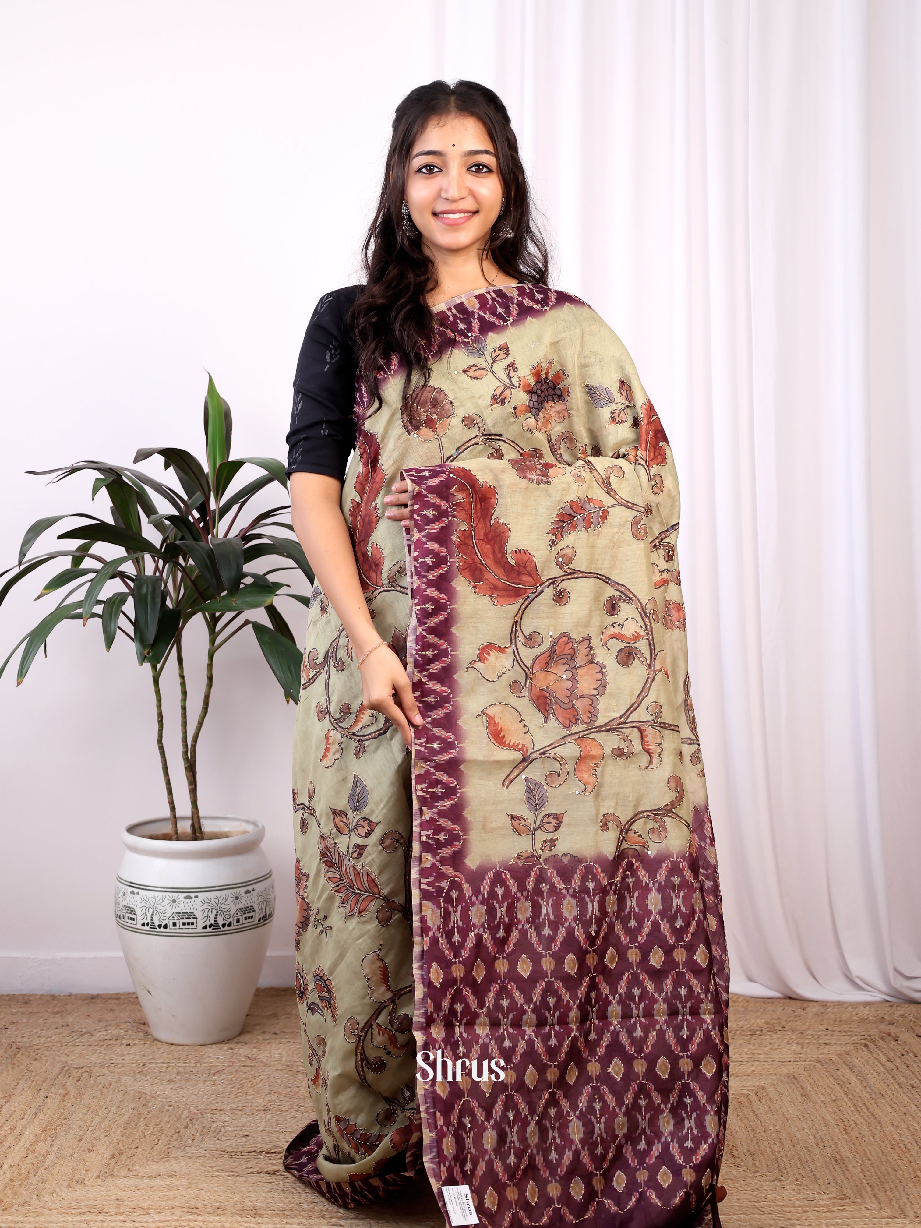 Elachi Green & Brown - Semi Kantha Saree - Shop on Shrus.com