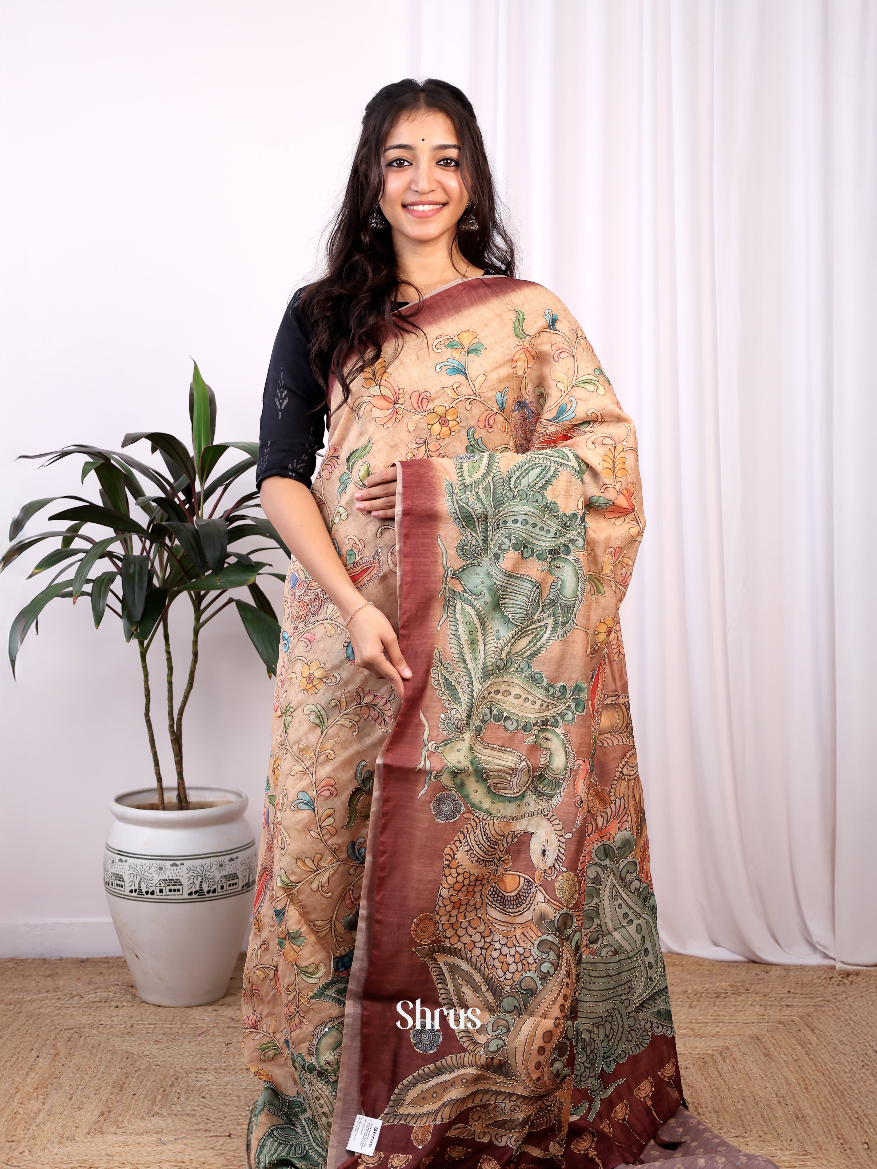 Pale Orange & Brown - Semi Kantha Saree - Shop on Shrus.com