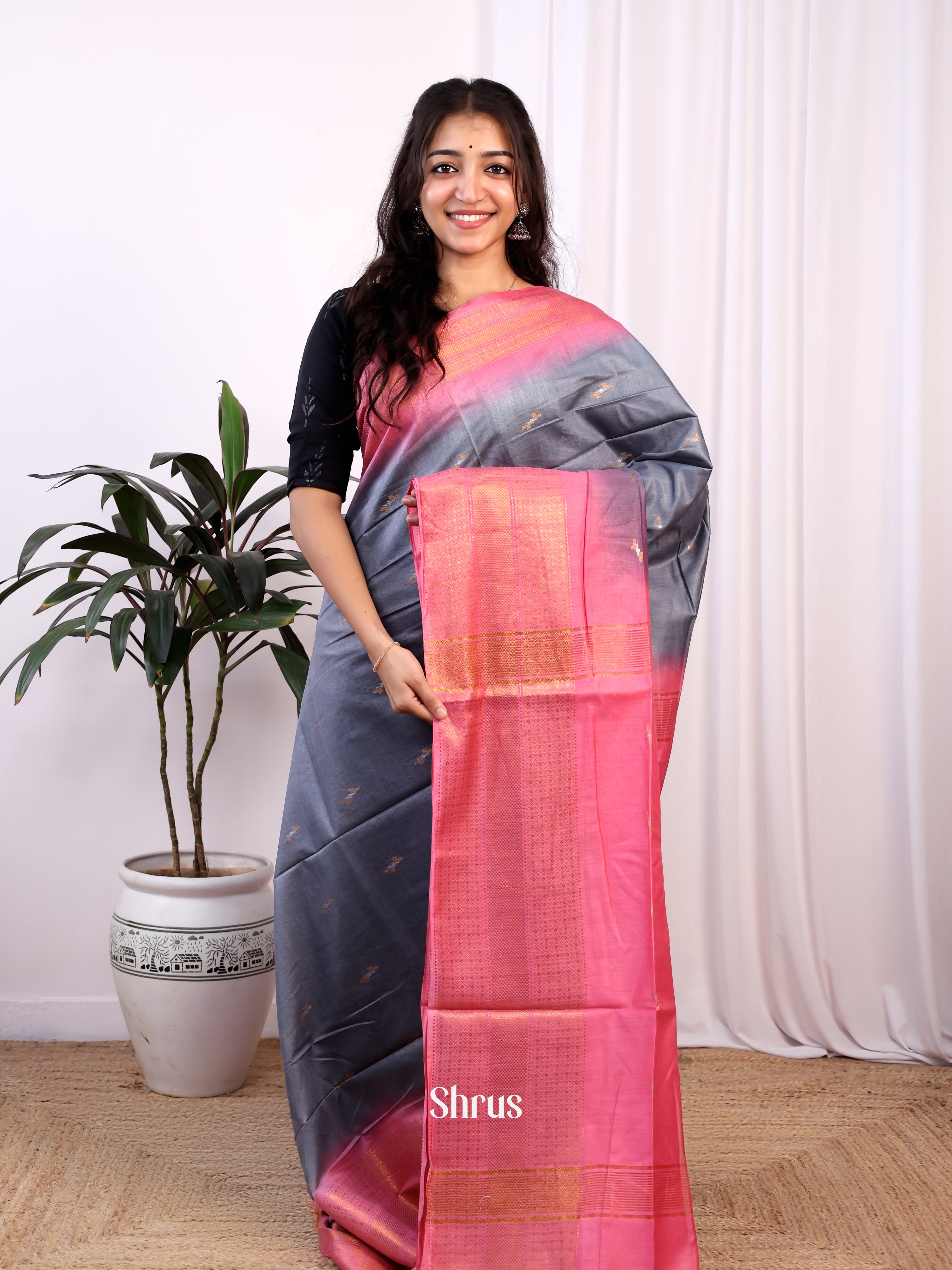 Grey & Pink -Semi Tussar Saree - Shop on Shrus.com
