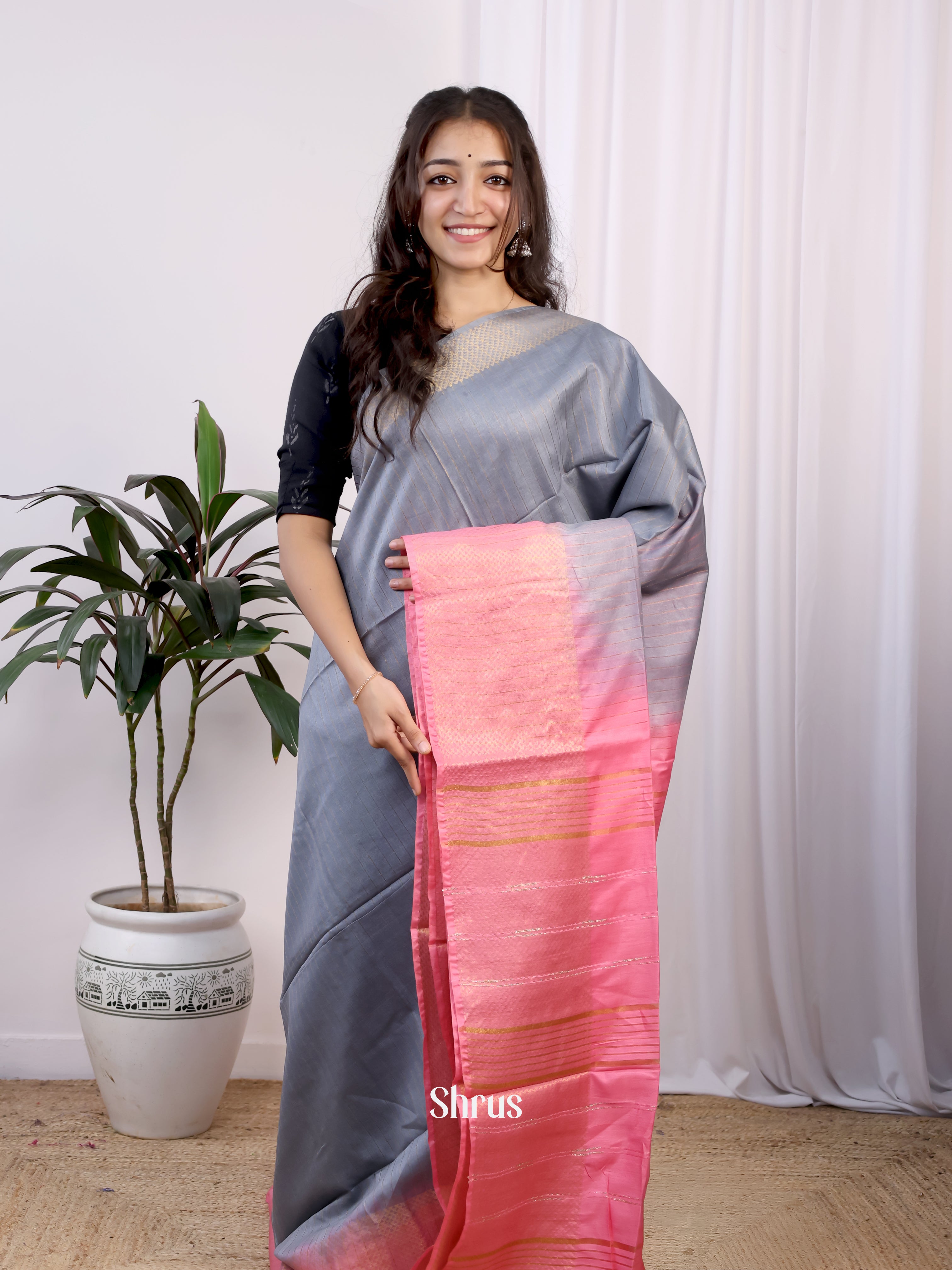 Grey & Pink- Semi Tussar Saree - Shop on Shrus.com