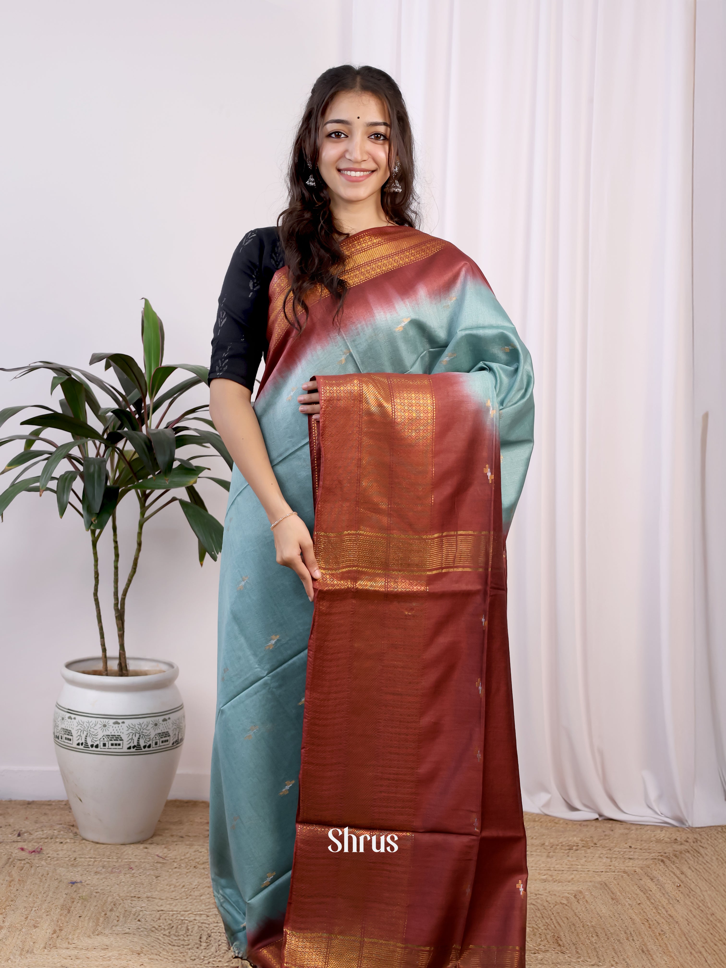 Greenish Blue & brown- Semi Tussar Saree - Shop on Shrus.com