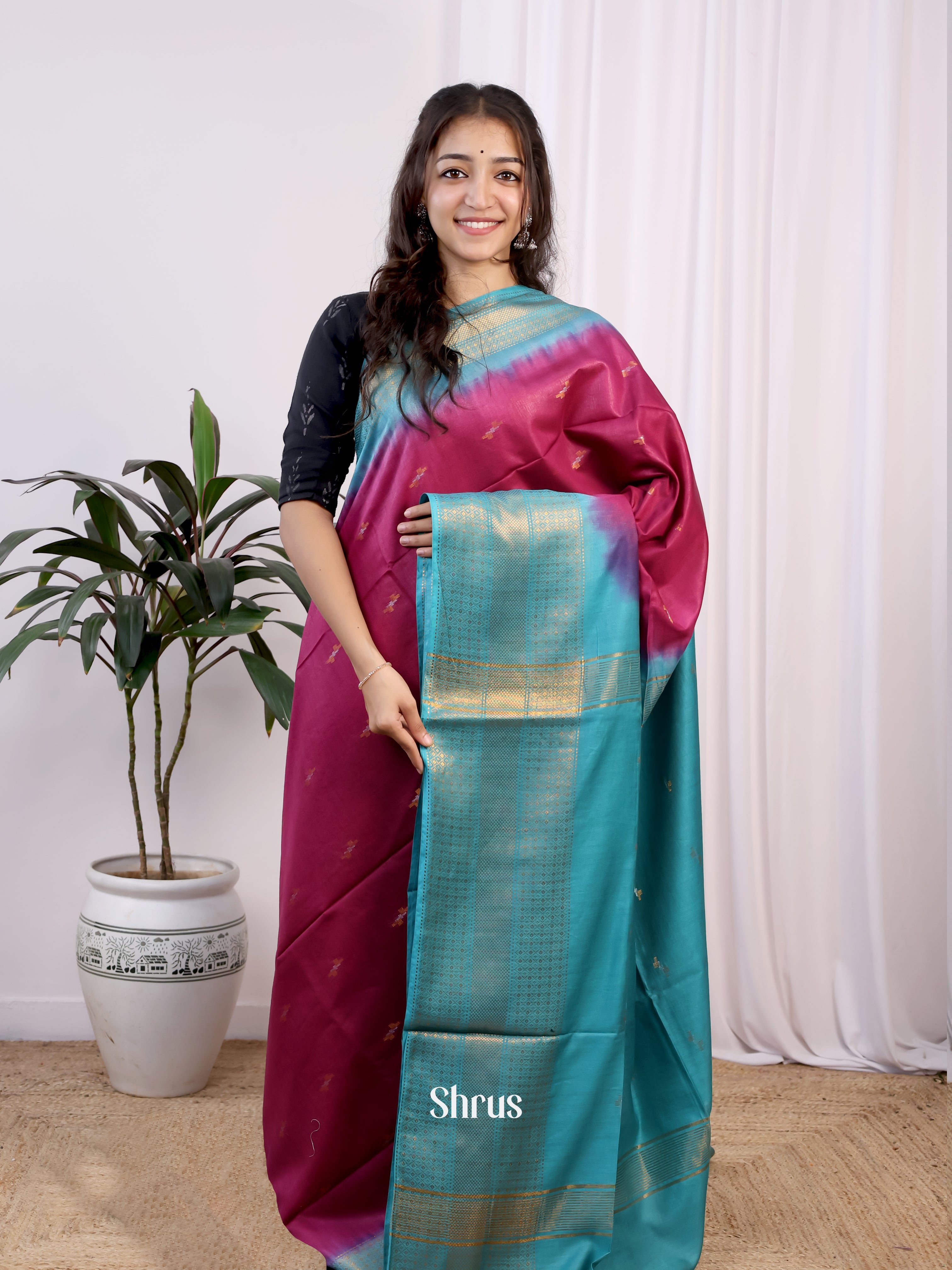 Maroon & Green- Semi Tussar Saree - Shop on Shrus.com