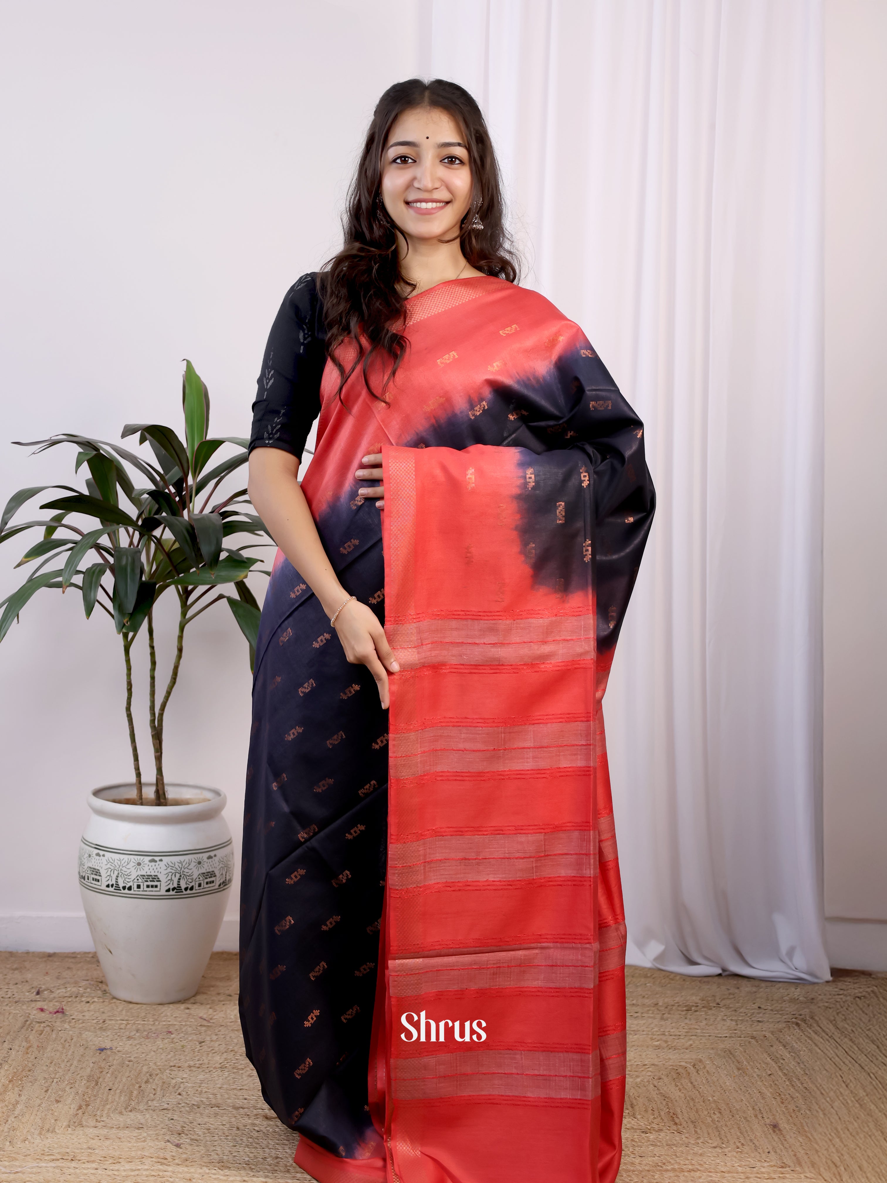 Black & Red - Semi Tussar Saree - Shop on Shrus.com