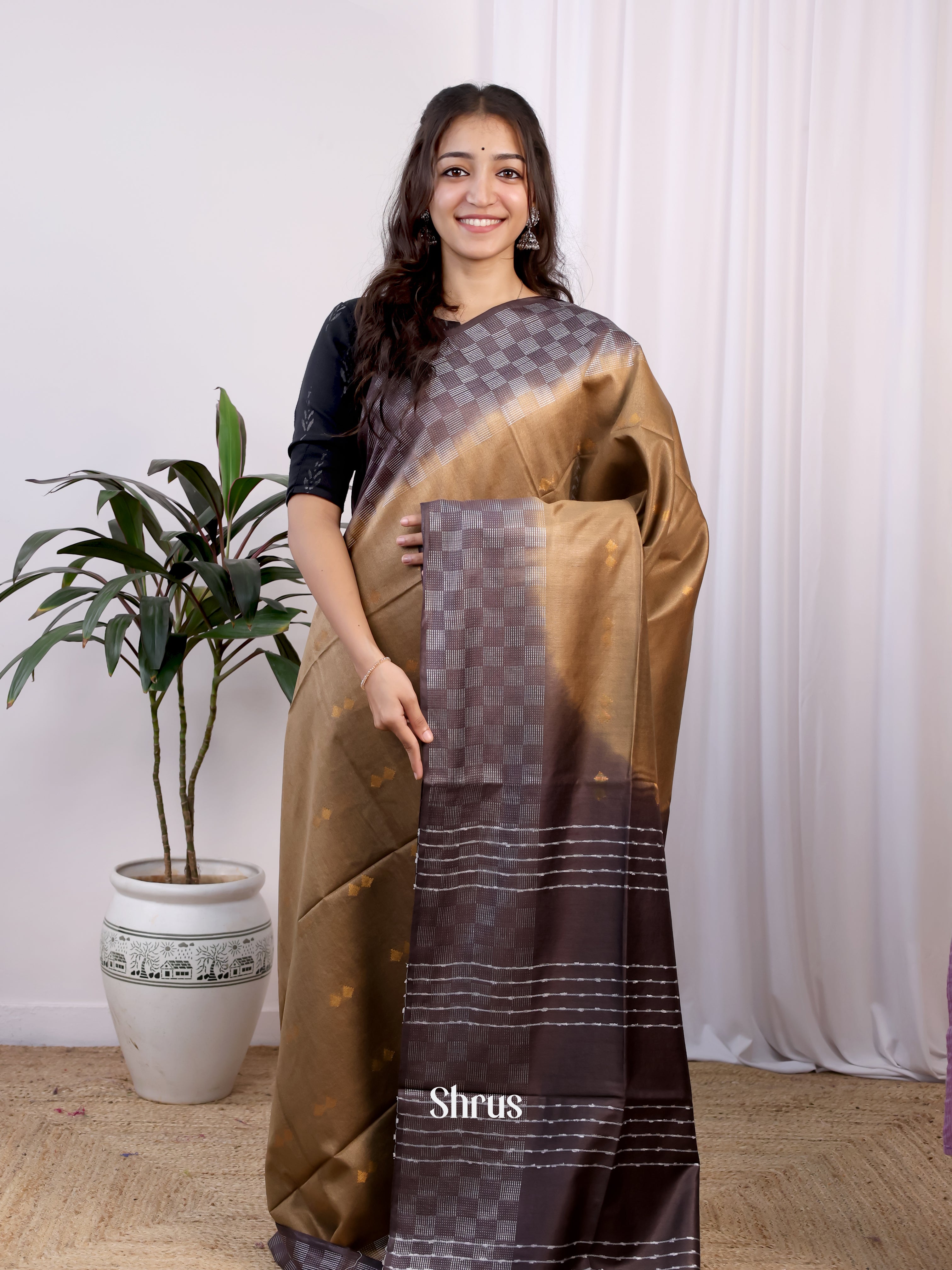 Beige & Brown- Semi Tussar Saree - Shop on Shrus.com