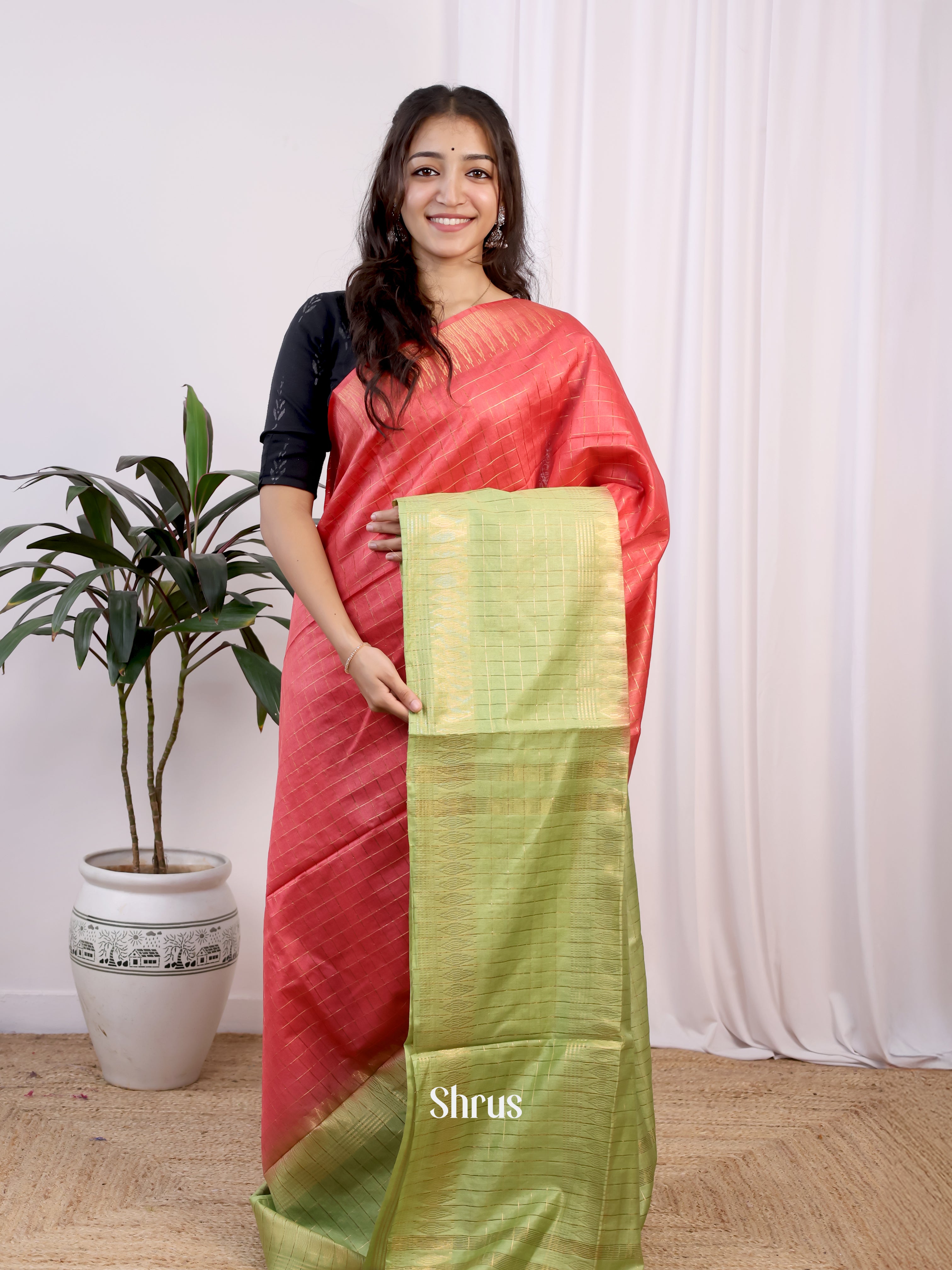 Tomato Red & Green- Semi Tussar Saree - Shop on Shrus.com