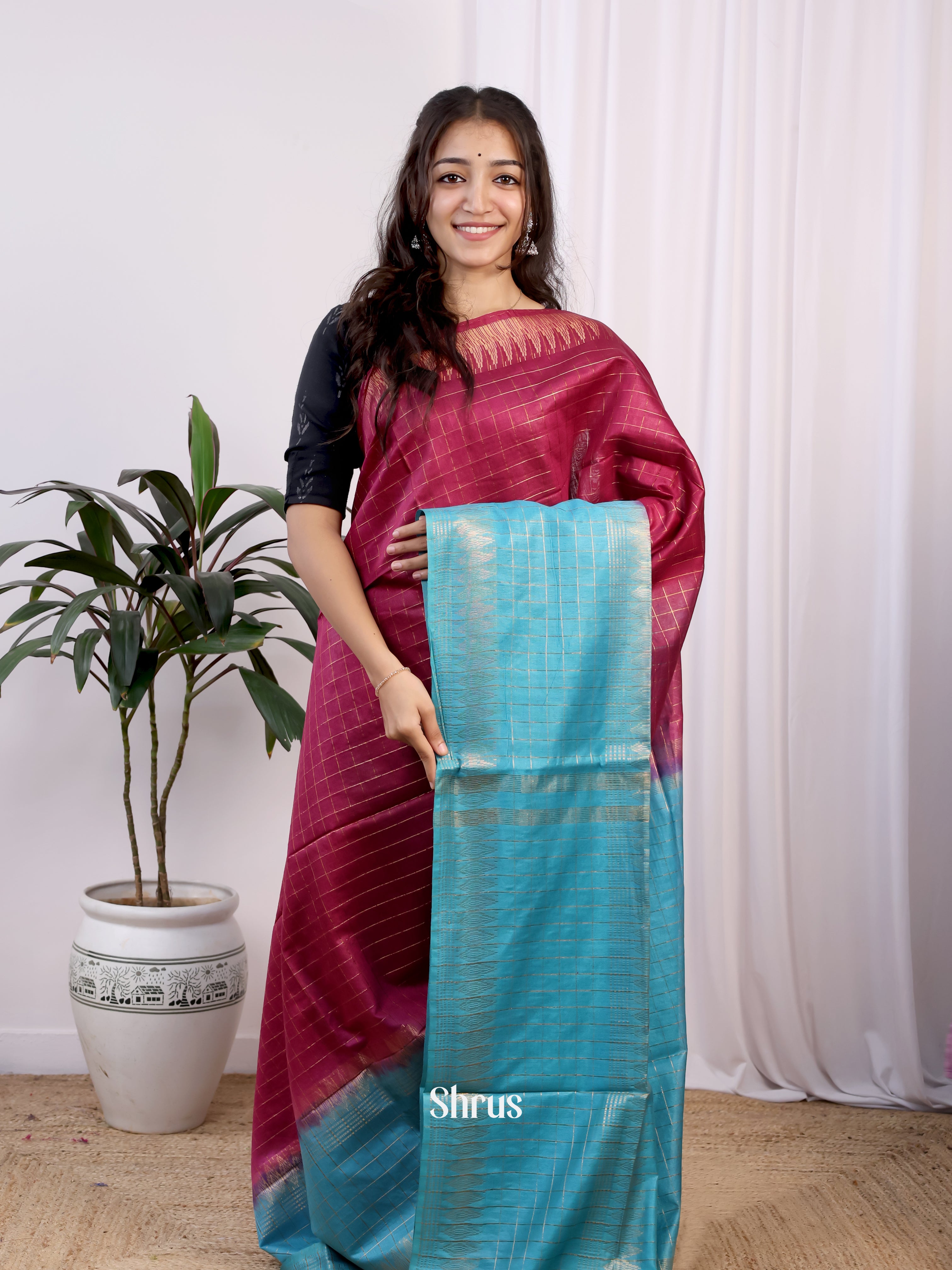 Maroon & Green- Semi Tussar Saree - Shop on Shrus.com