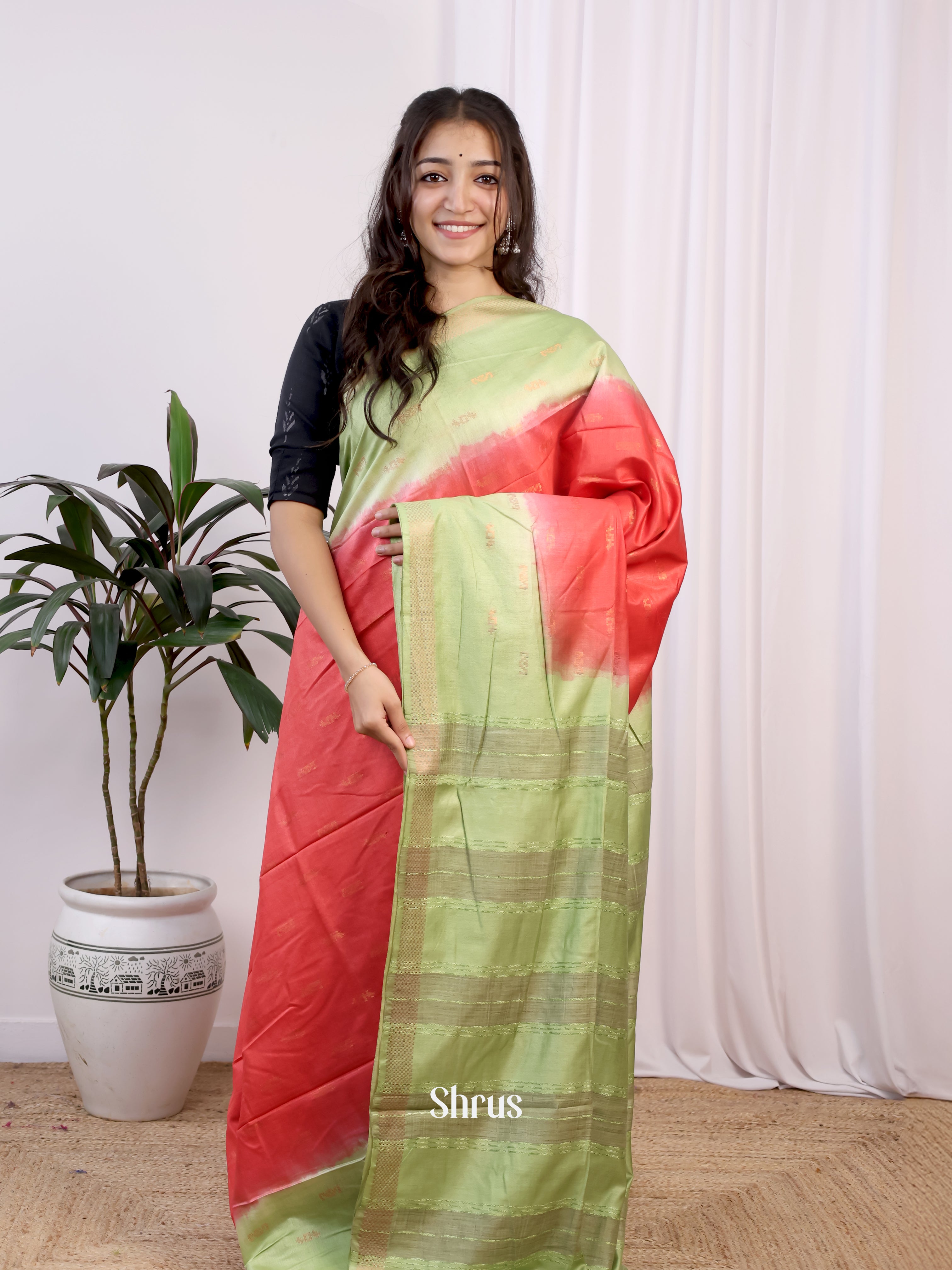 Red & Green- Semi Tussar Saree - Shop on Shrus.com
