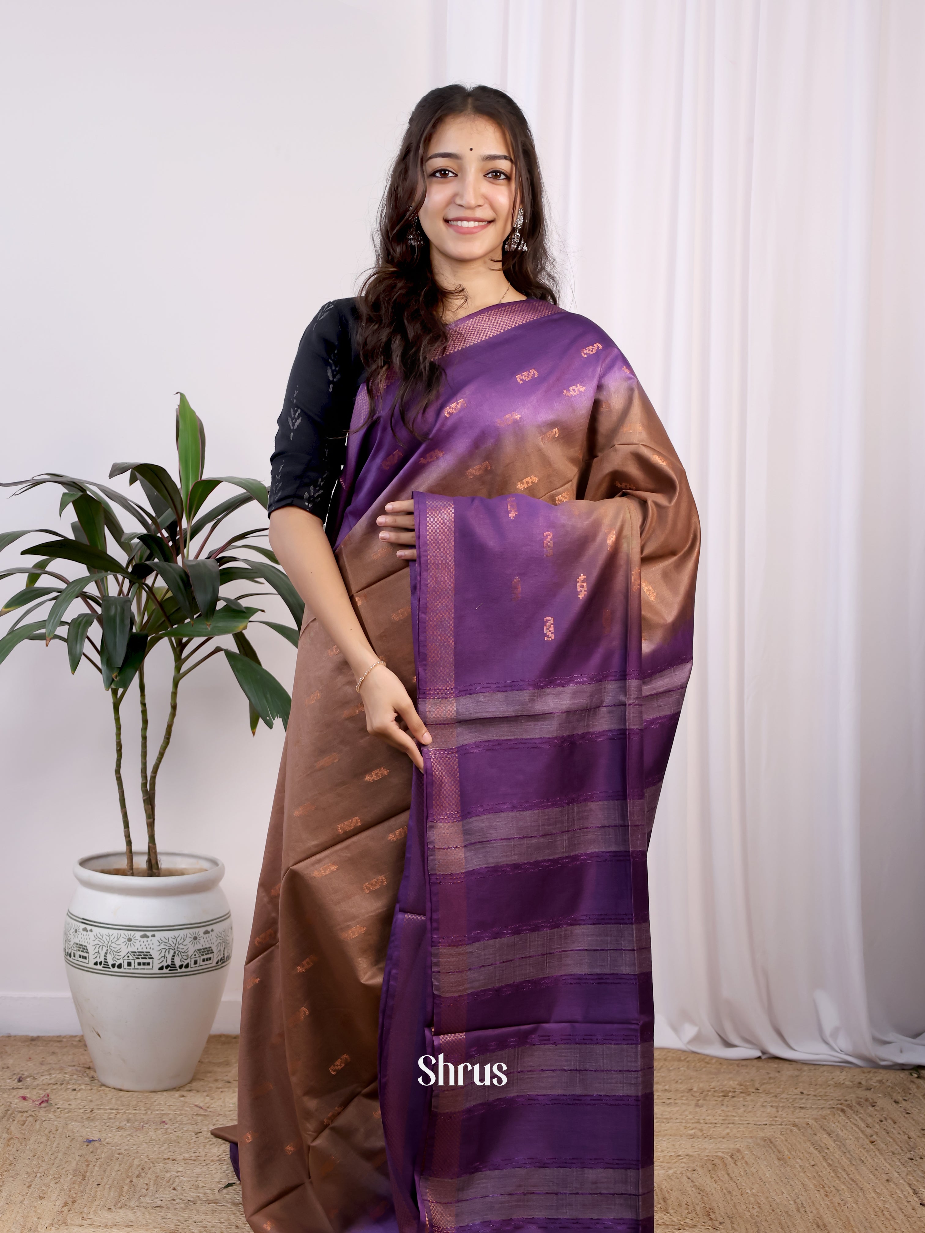 Brown & Violet- Semi Tussar Saree - Shop on Shrus.com