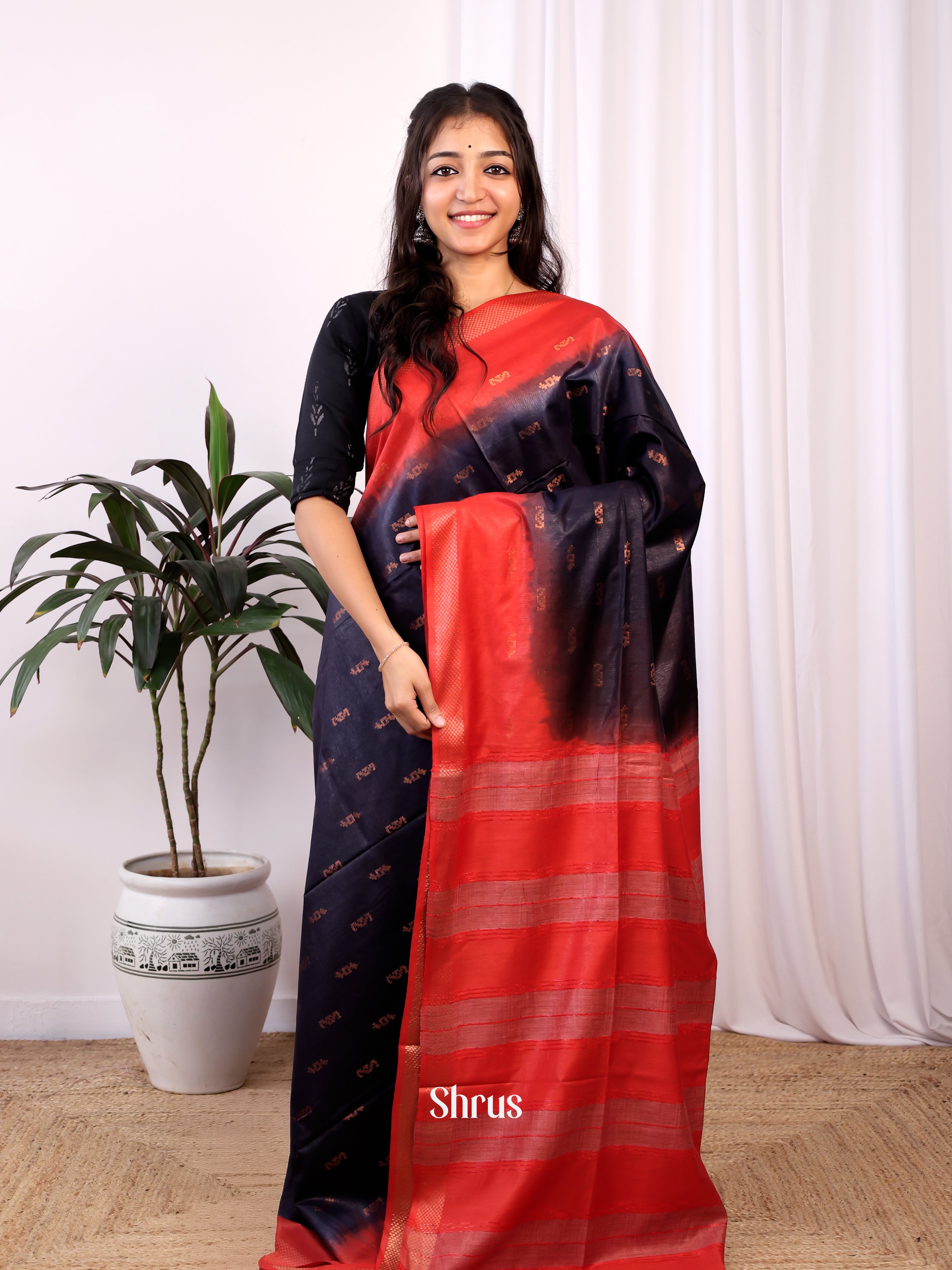 Black & Red - Semi Tussar Saree - Shop on Shrus.com