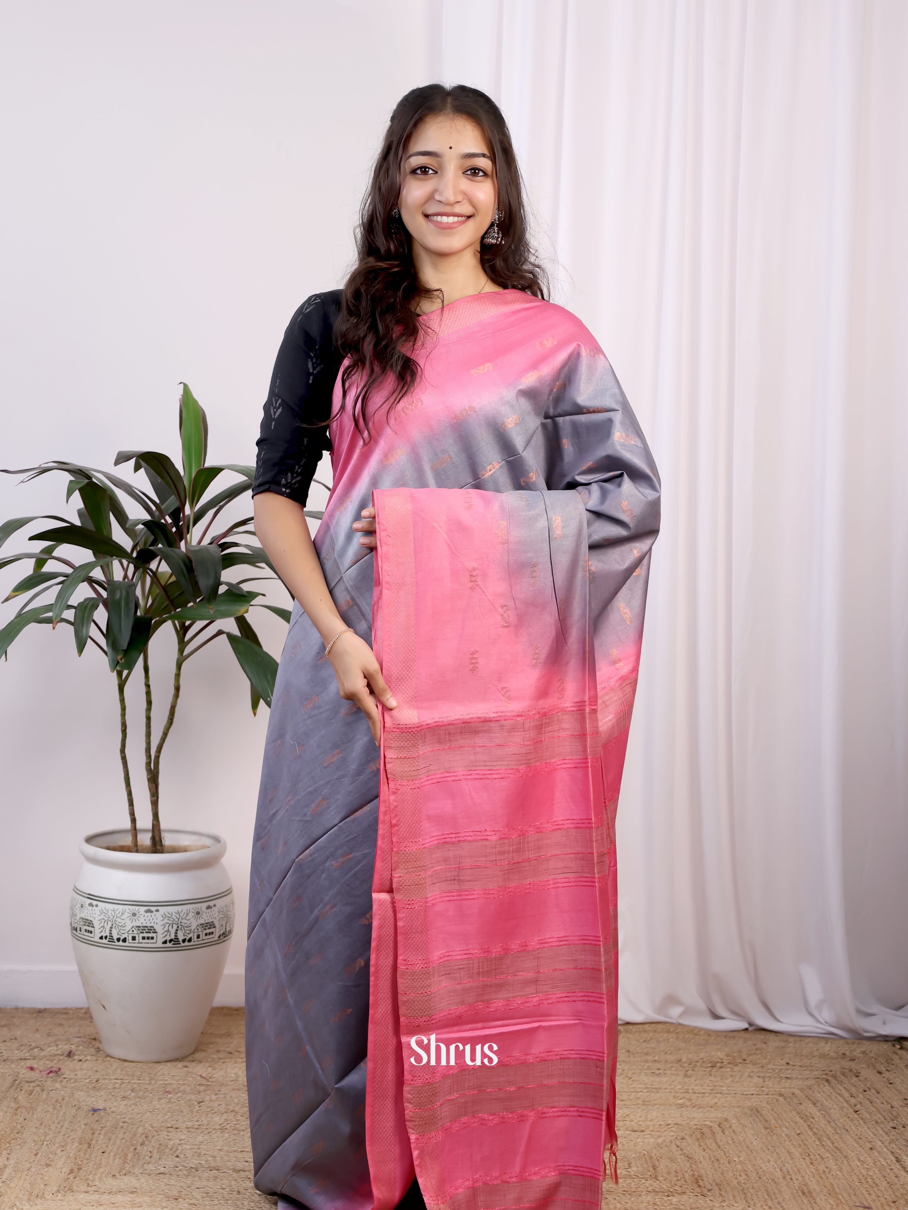 Grey & Pink- Semi Tussar Saree - Shop on Shrus.com