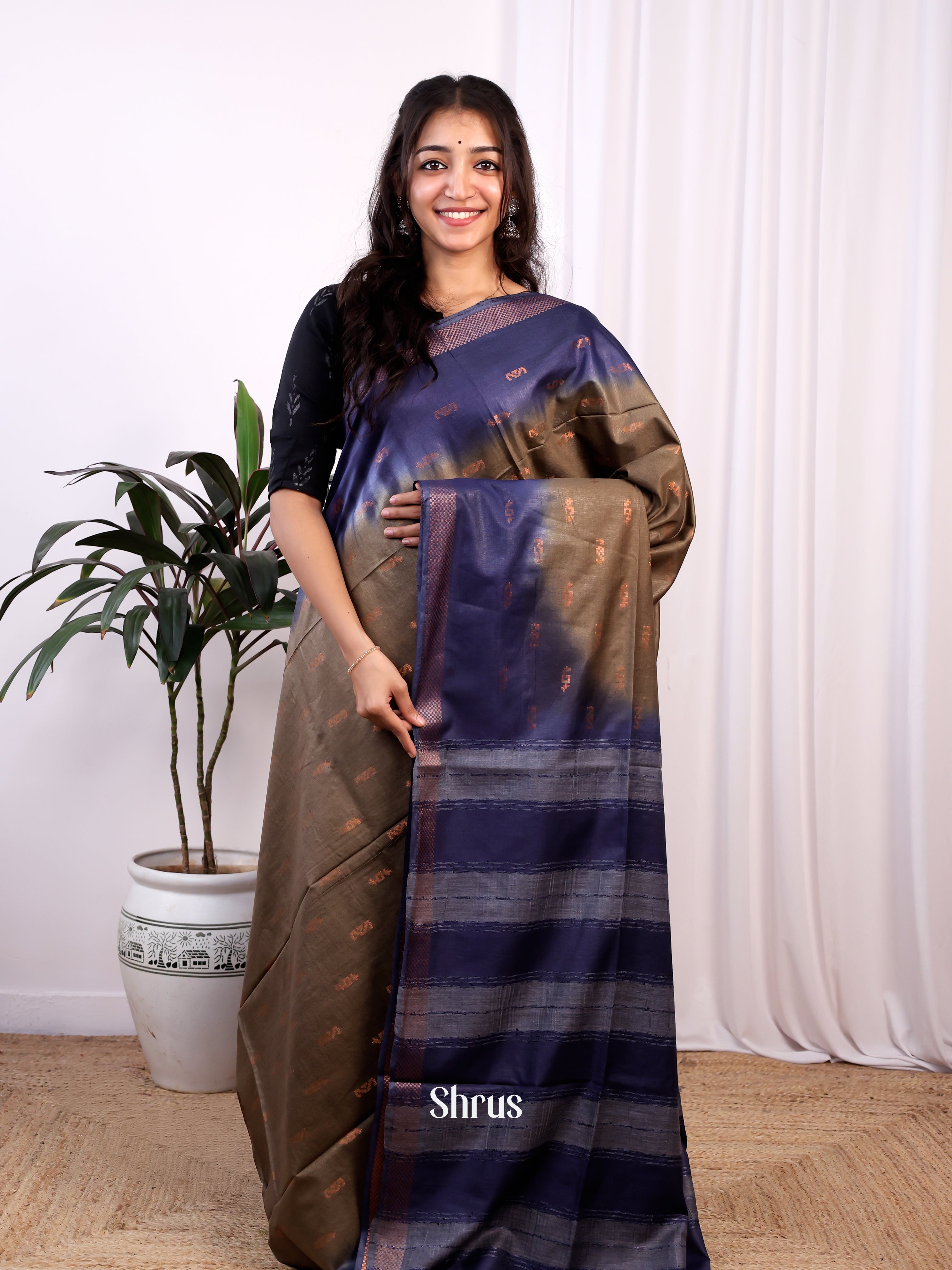 Grey & Blue -Semi Tussar - Shop on Shrus.com