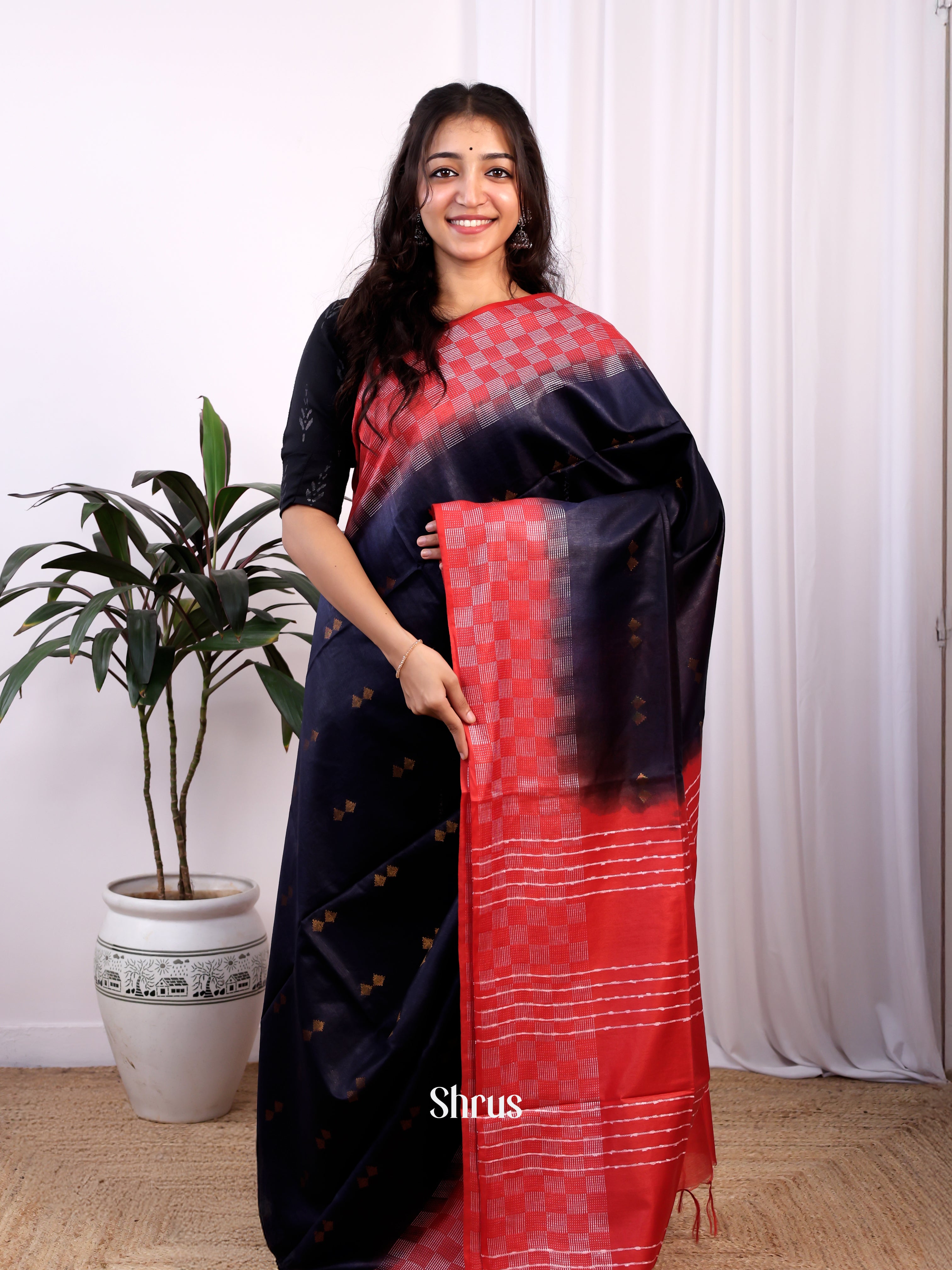 Black & Red-Semi Tussar - Shop on Shrus.com
