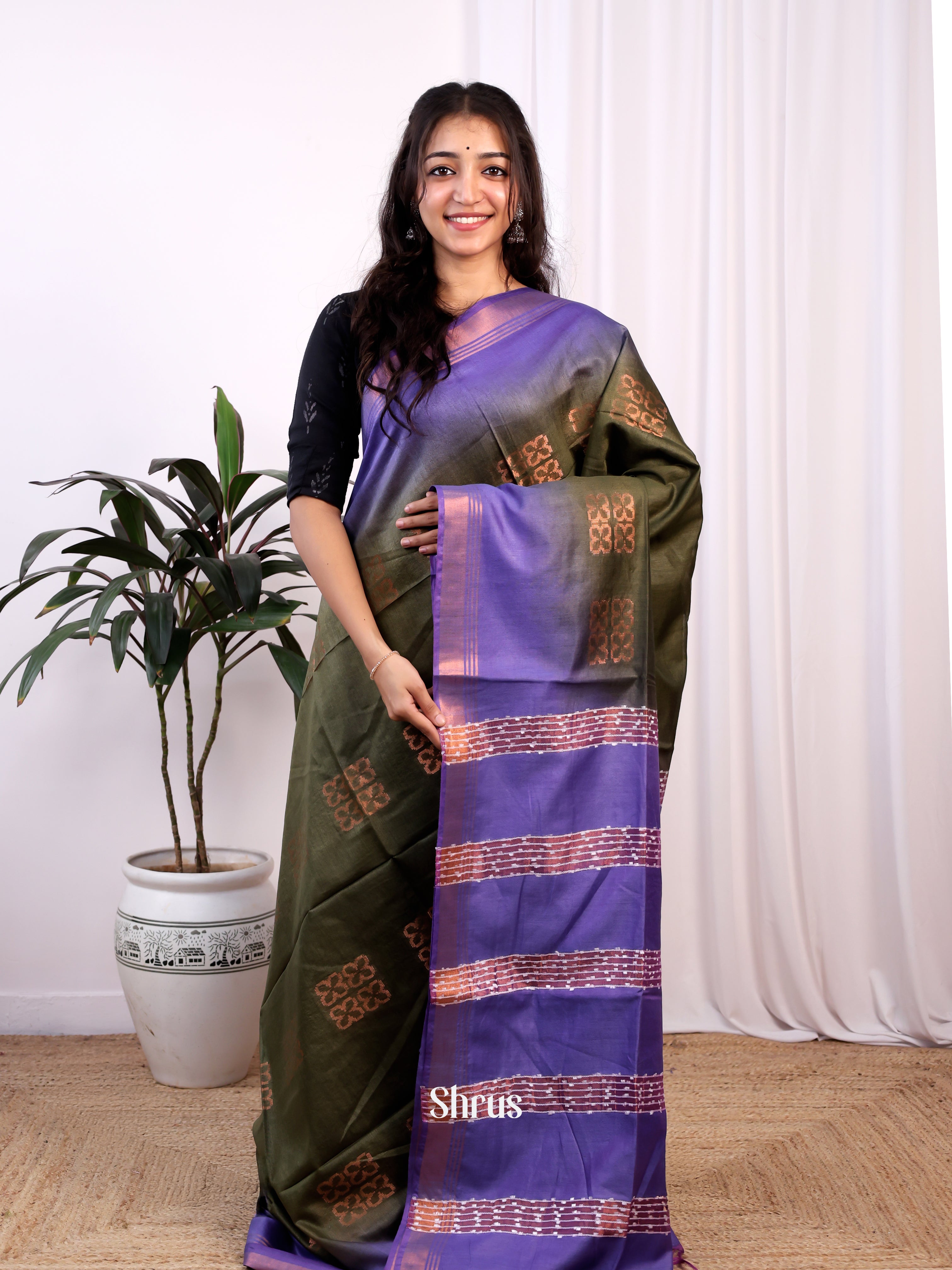 Green & Purple -Semi Tussar Saree - Shop on Shrus.com