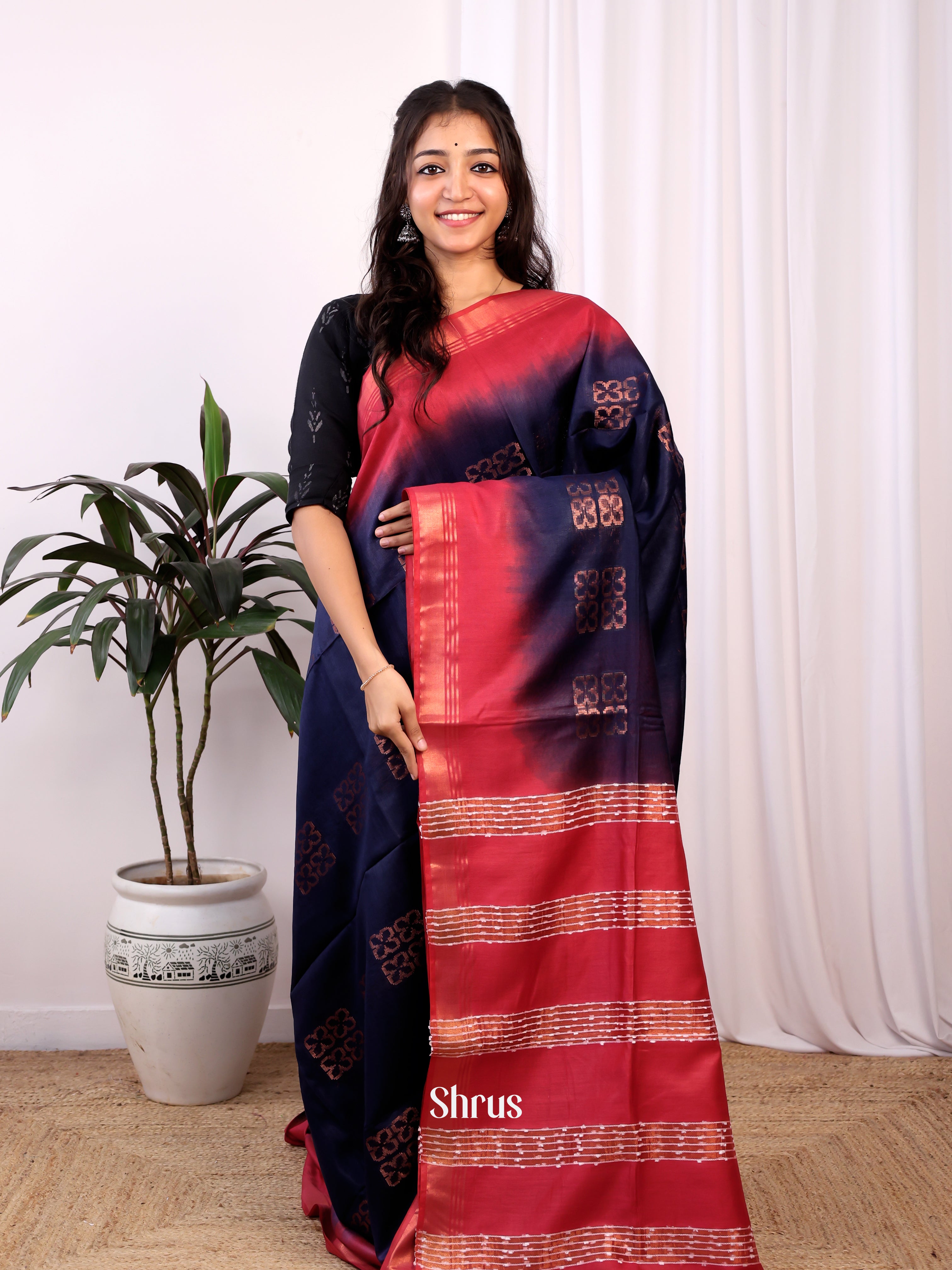 Blue & Red - Semi Tussar Saree - Shop on Shrus.com