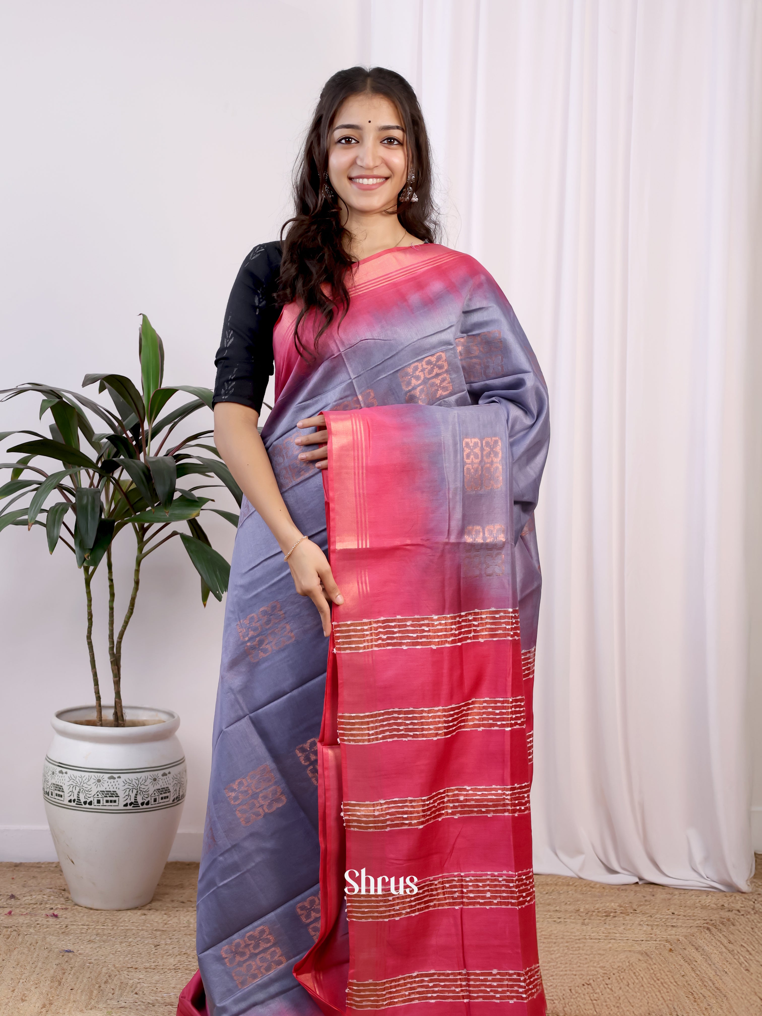 Purple & Pink - Semi Tussar Saree - Shop on Shrus.com
