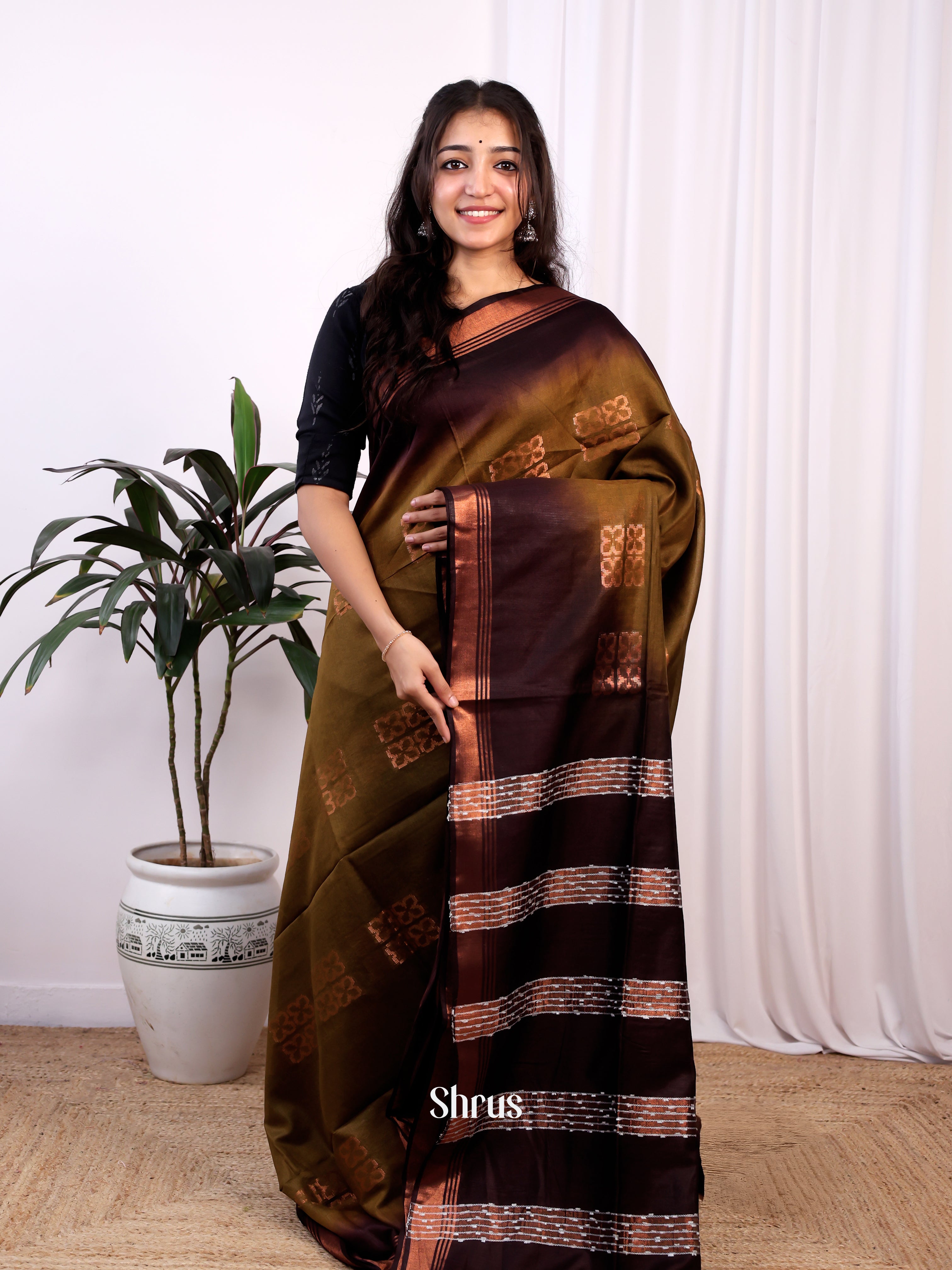 Green & Brown-Semi Tussar - Shop on Shrus.com