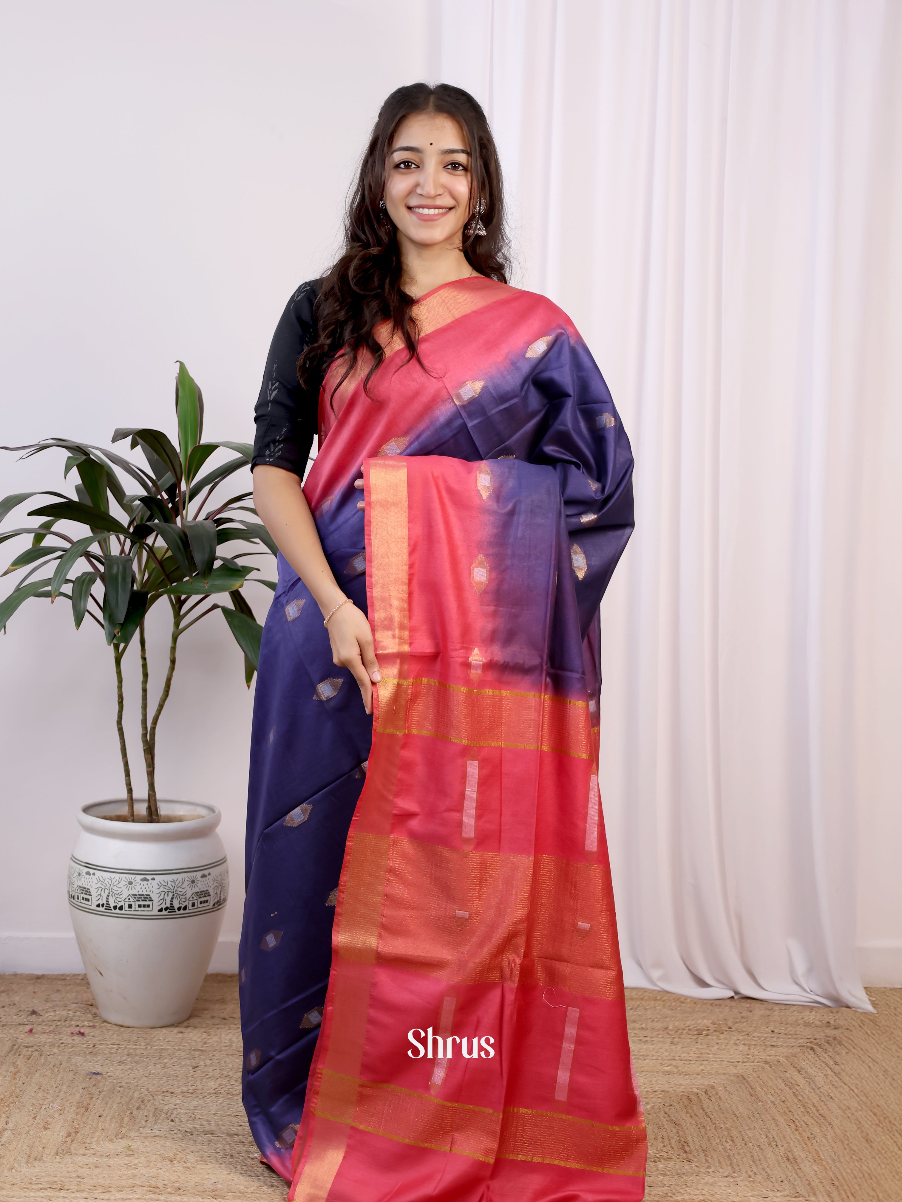 Violet & Red- Semi Tussar Saree - Shop on Shrus.com