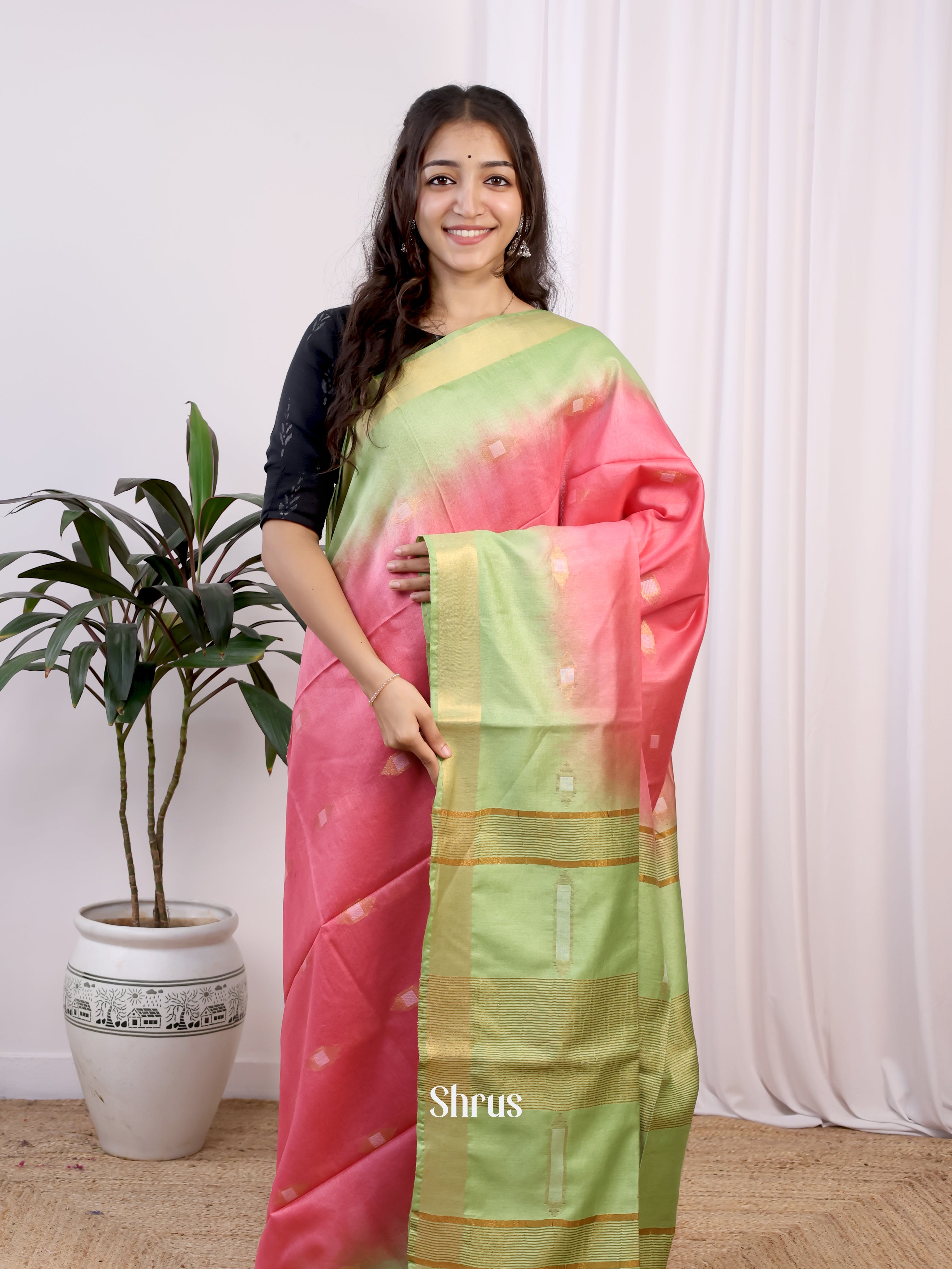 Pink & Green- Semi Tussar Saree - Shop on Shrus.com