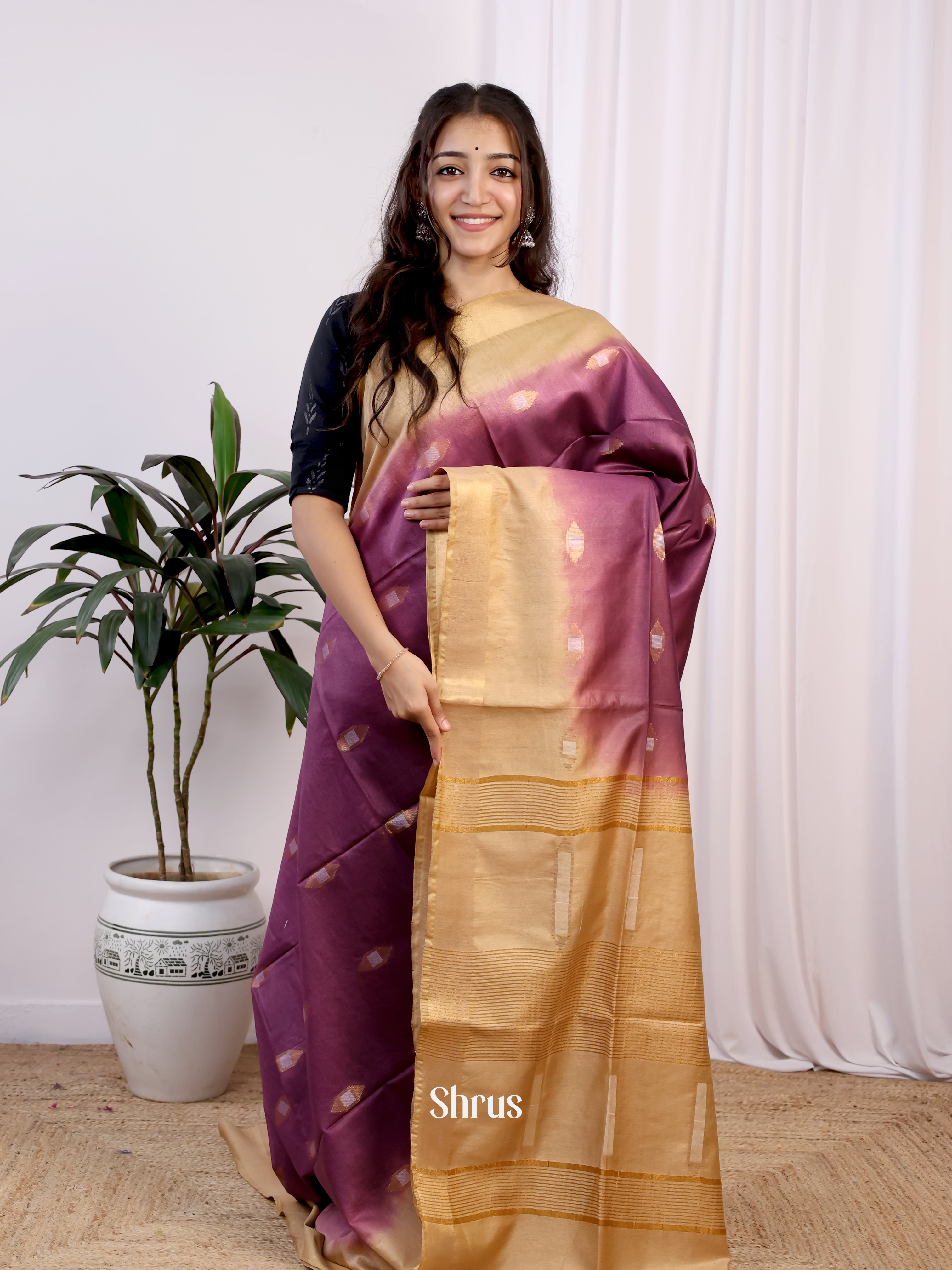 Violet & Beige- Semi Tussar Saree - Shop on Shrus.com