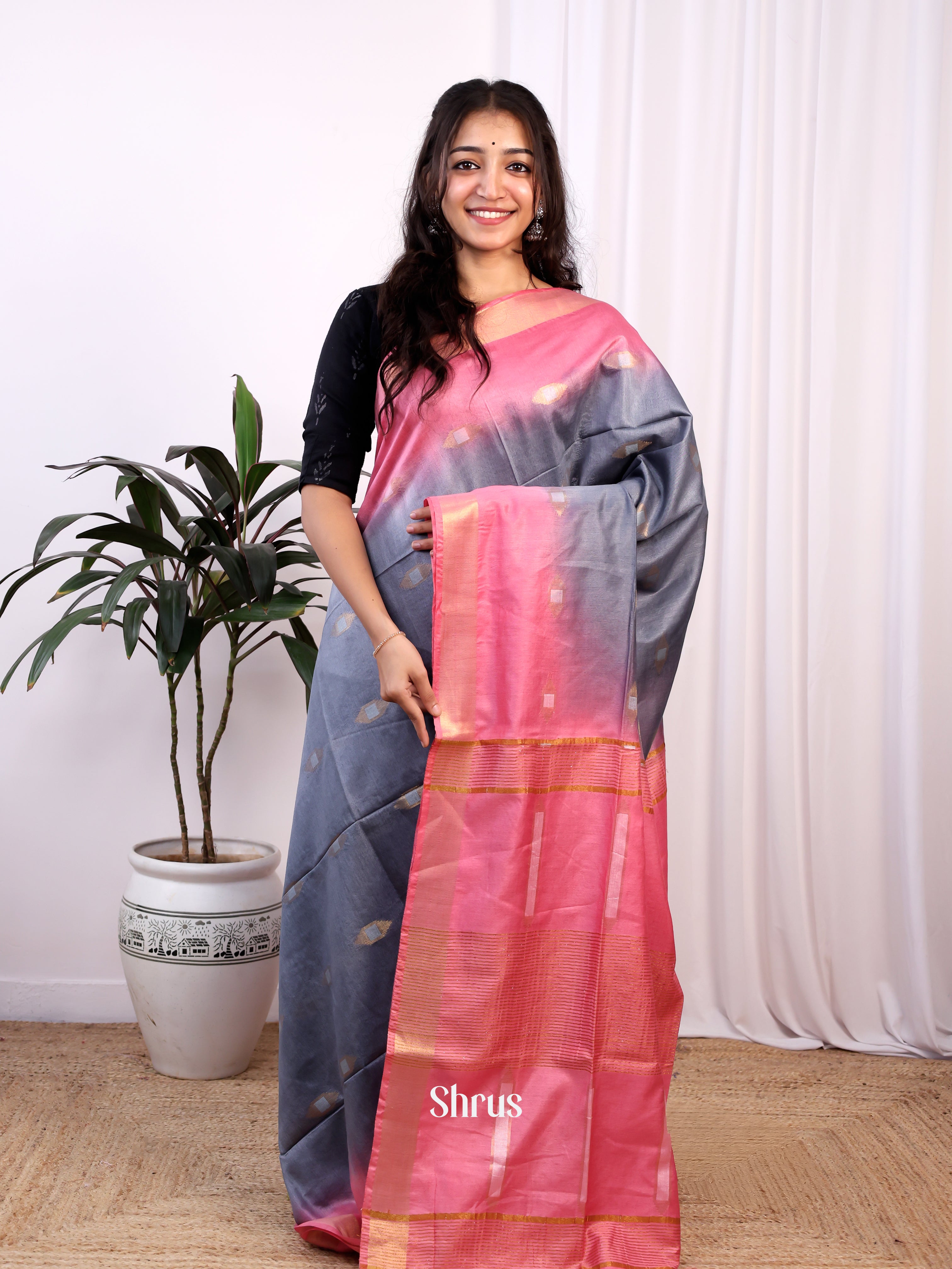 Grey & Pink -Semi Tussar - Shop on Shrus.com