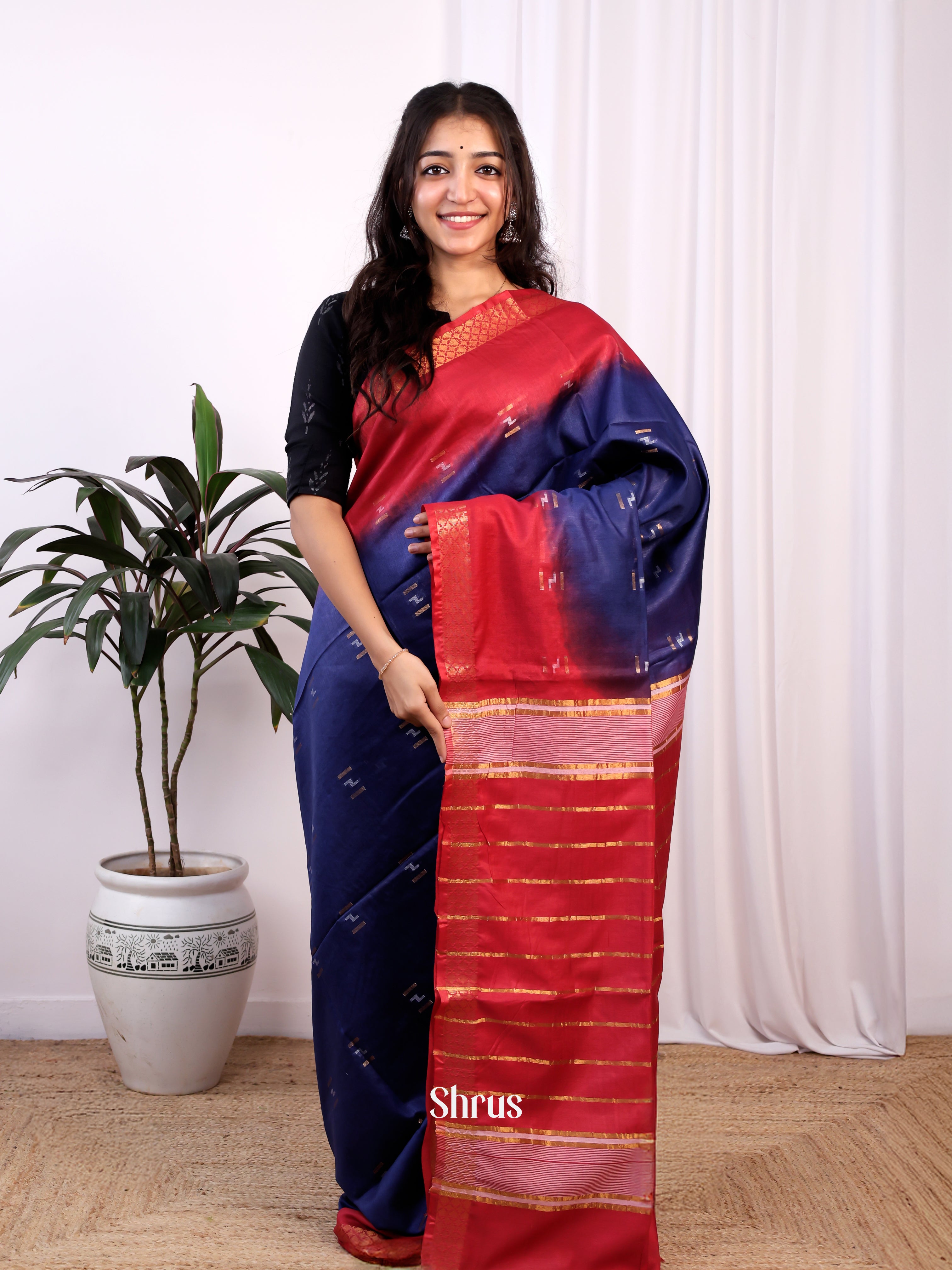 Blue & Red -Semi Tussar - Shop on Shrus.com
