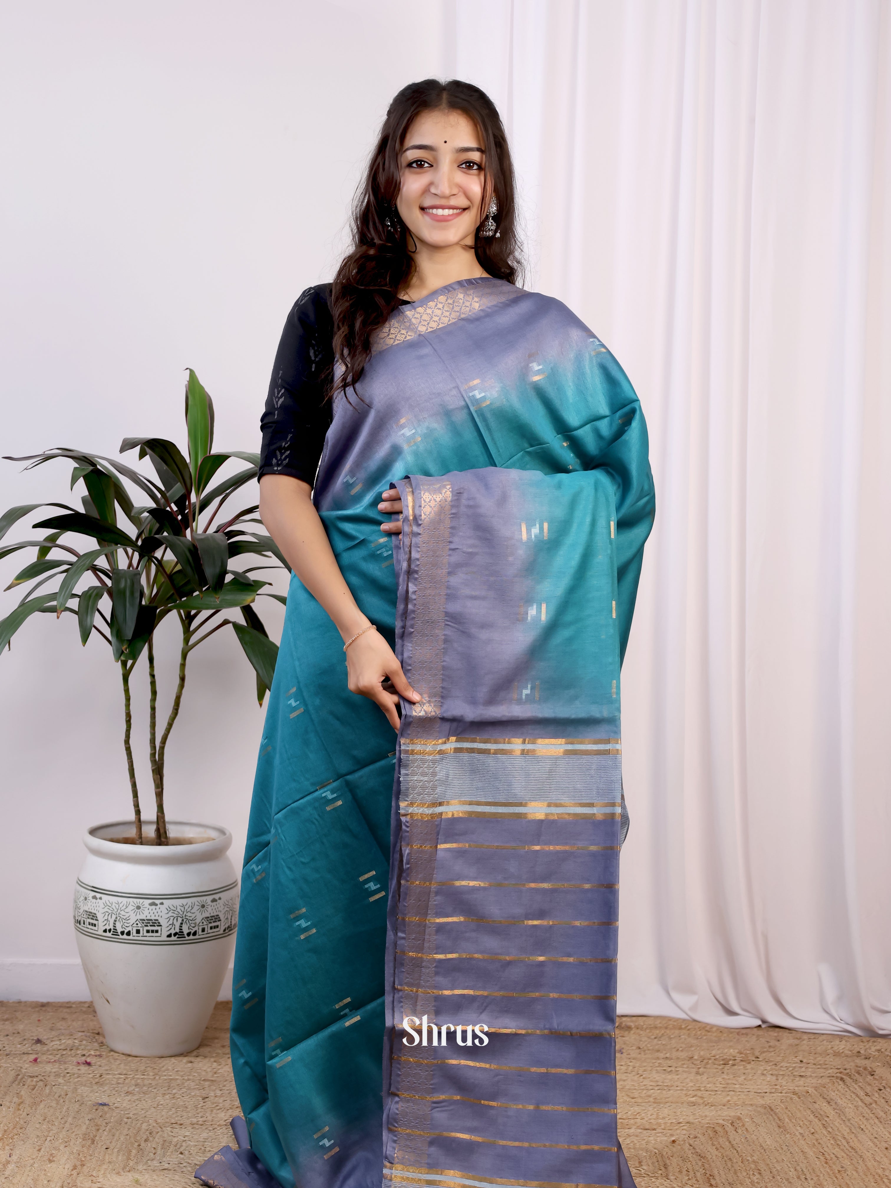 Blue & Purple- Semi Tussar Saree - Shop on Shrus.com