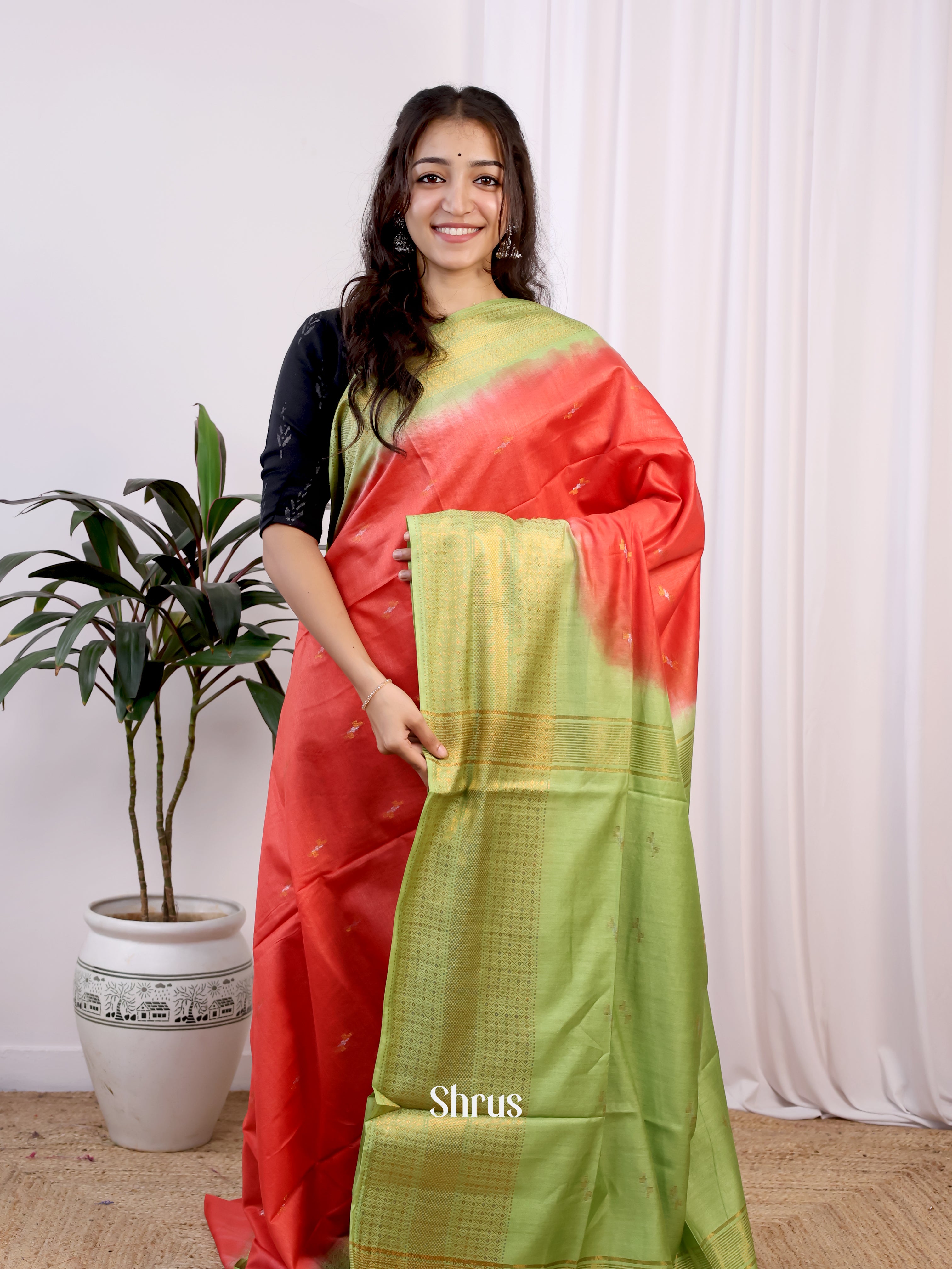 Orangish Red & Green- Semi Tussar Saree - Shop on Shrus.com