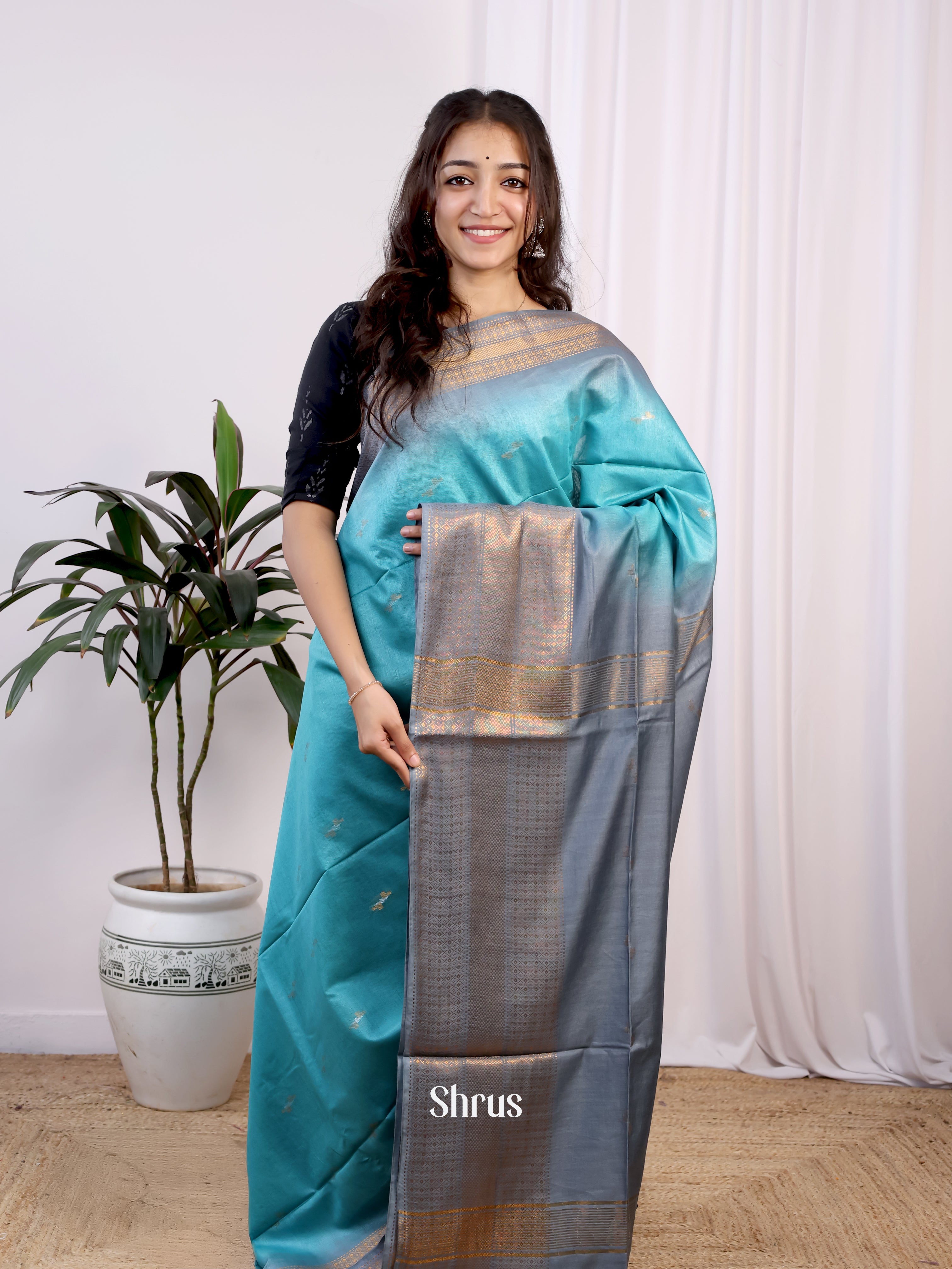 Blue & Grey- Semi Tussar Saree - Shop on Shrus.com