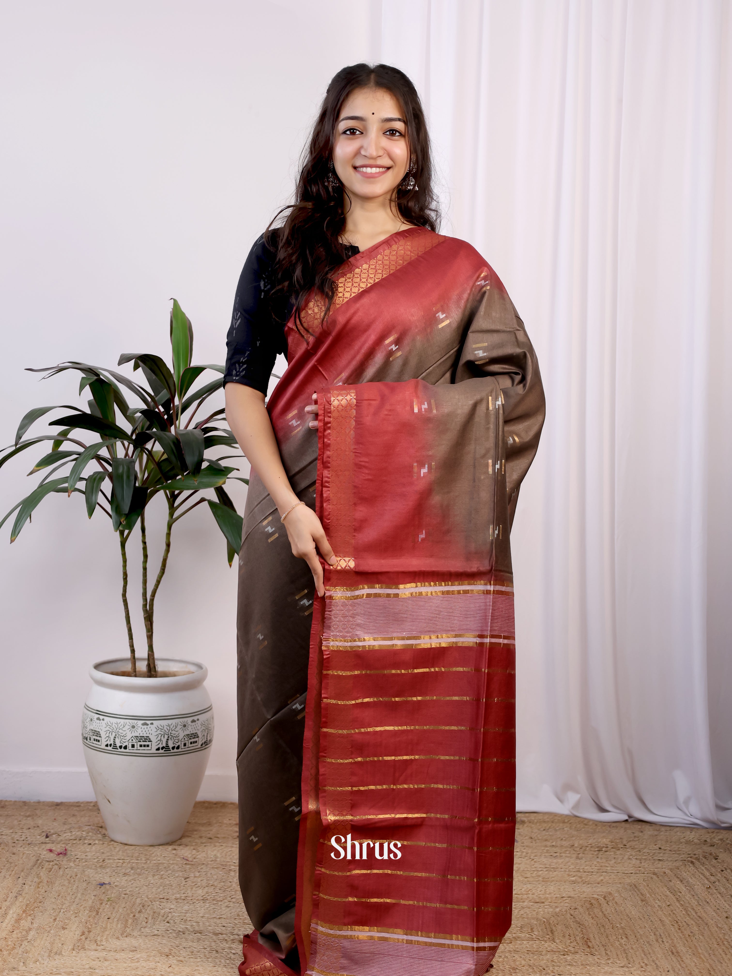 Brown & Maroon- Semi Tussar Saree - Shop on Shrus.com