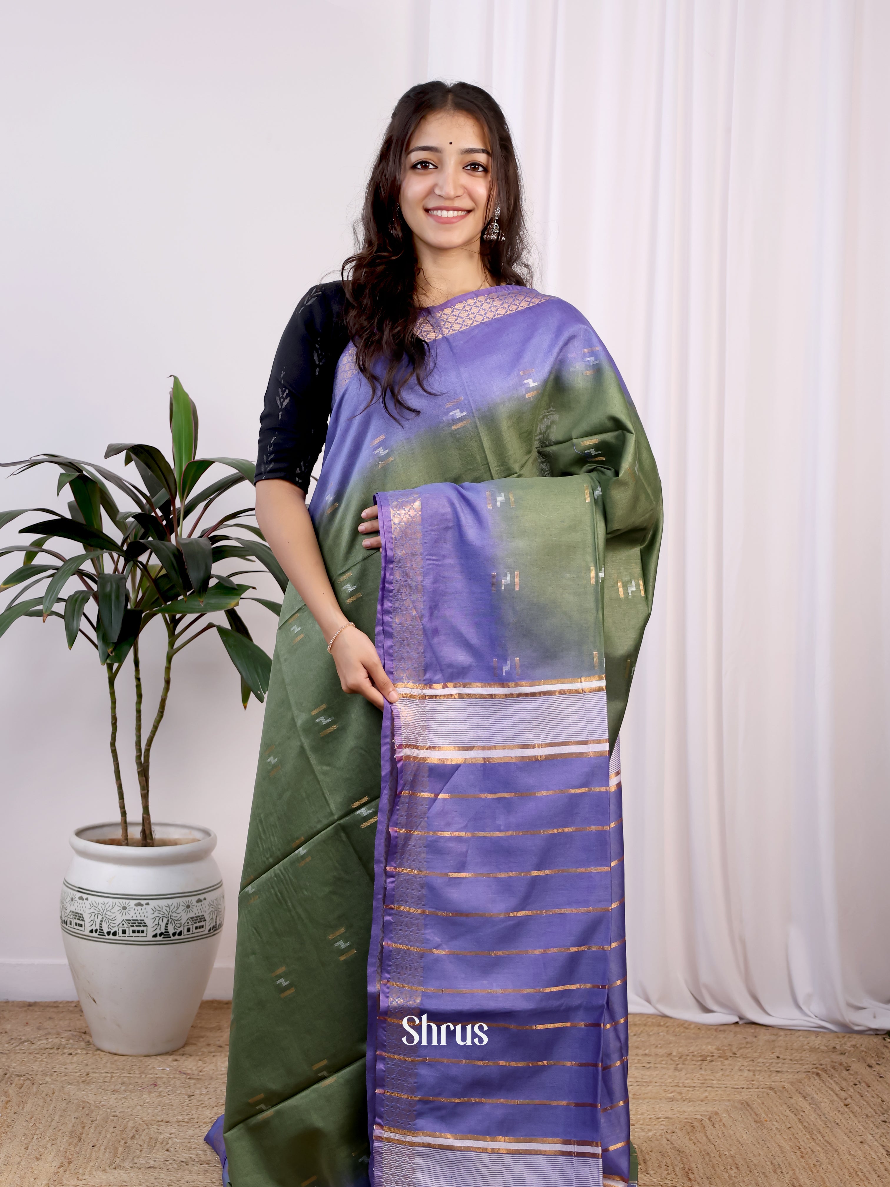 Green & Purple- Semi Tussar Saree - Shop on Shrus.com