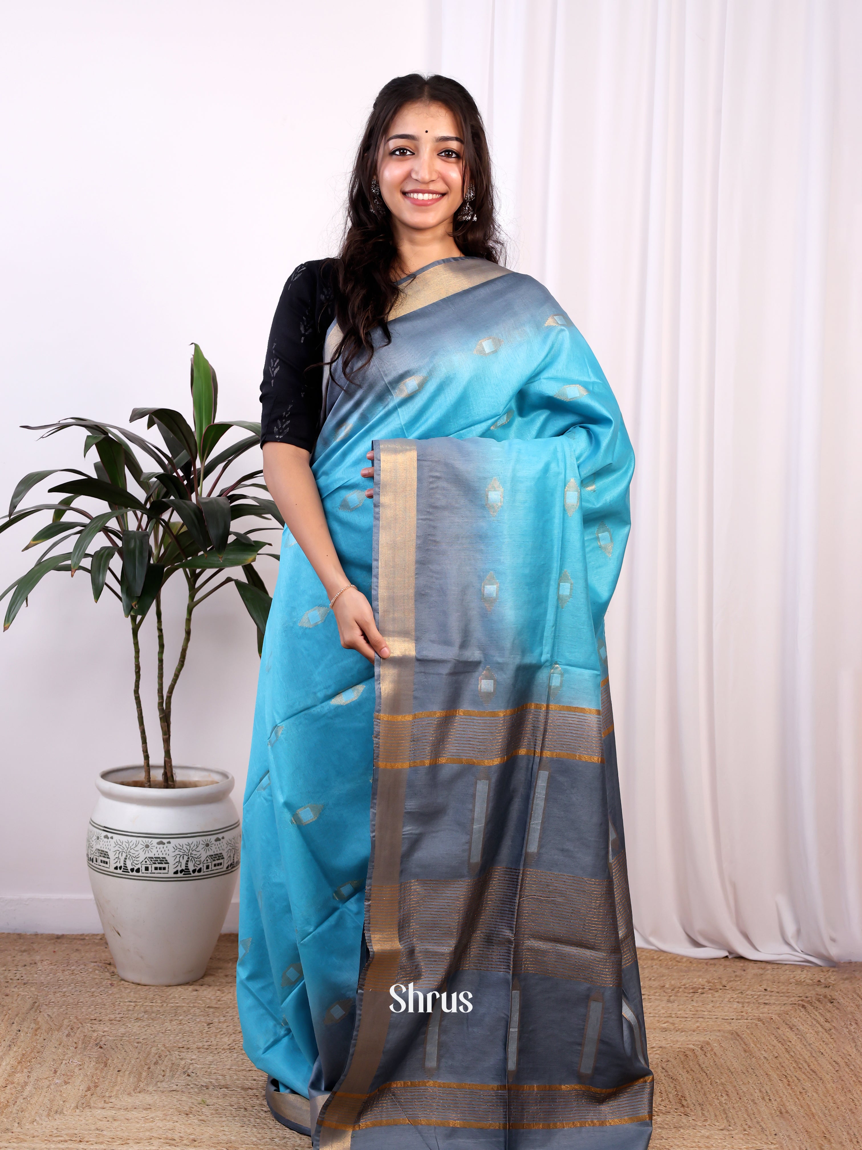 Blue & Grey -Semi Tussar - Shop on Shrus.com