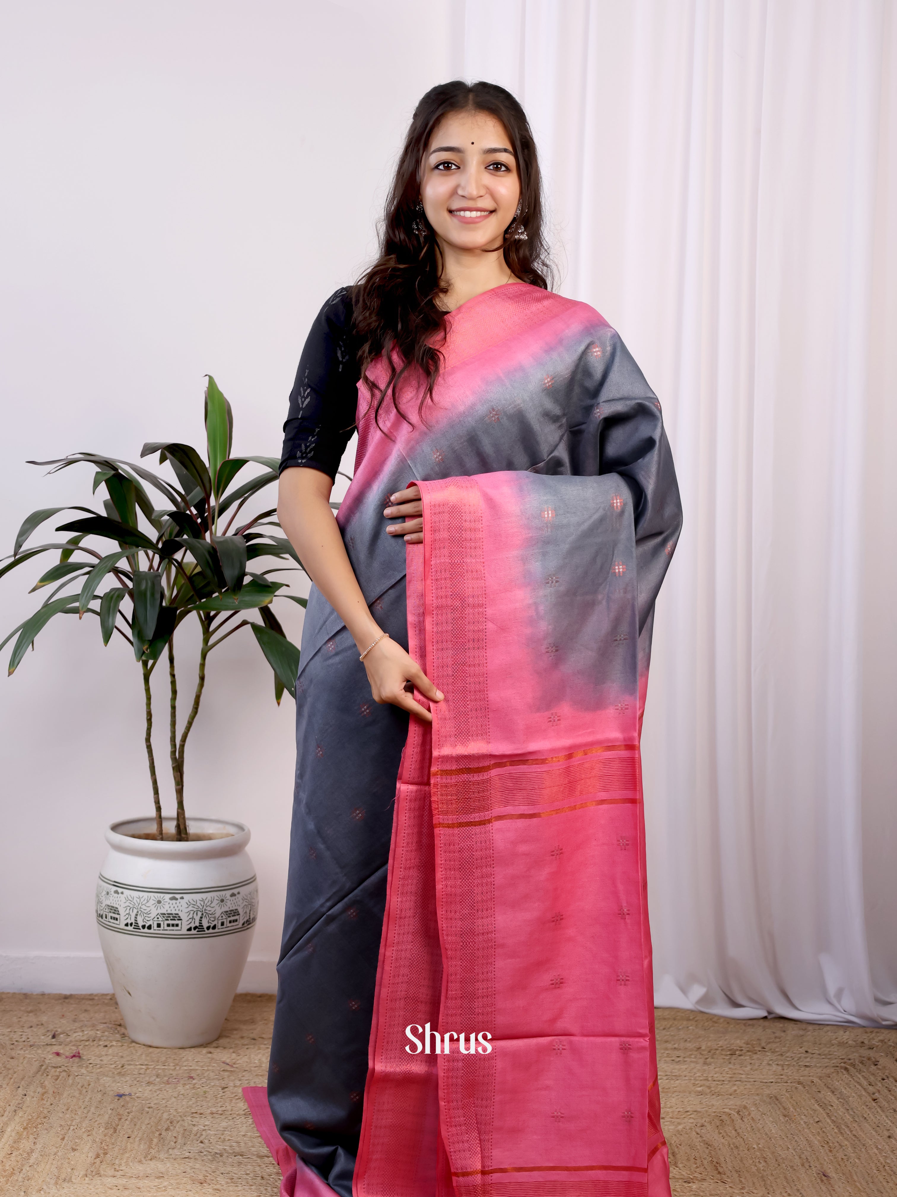 Grey & Pink- Semi Tussar Saree - Shop on Shrus.com