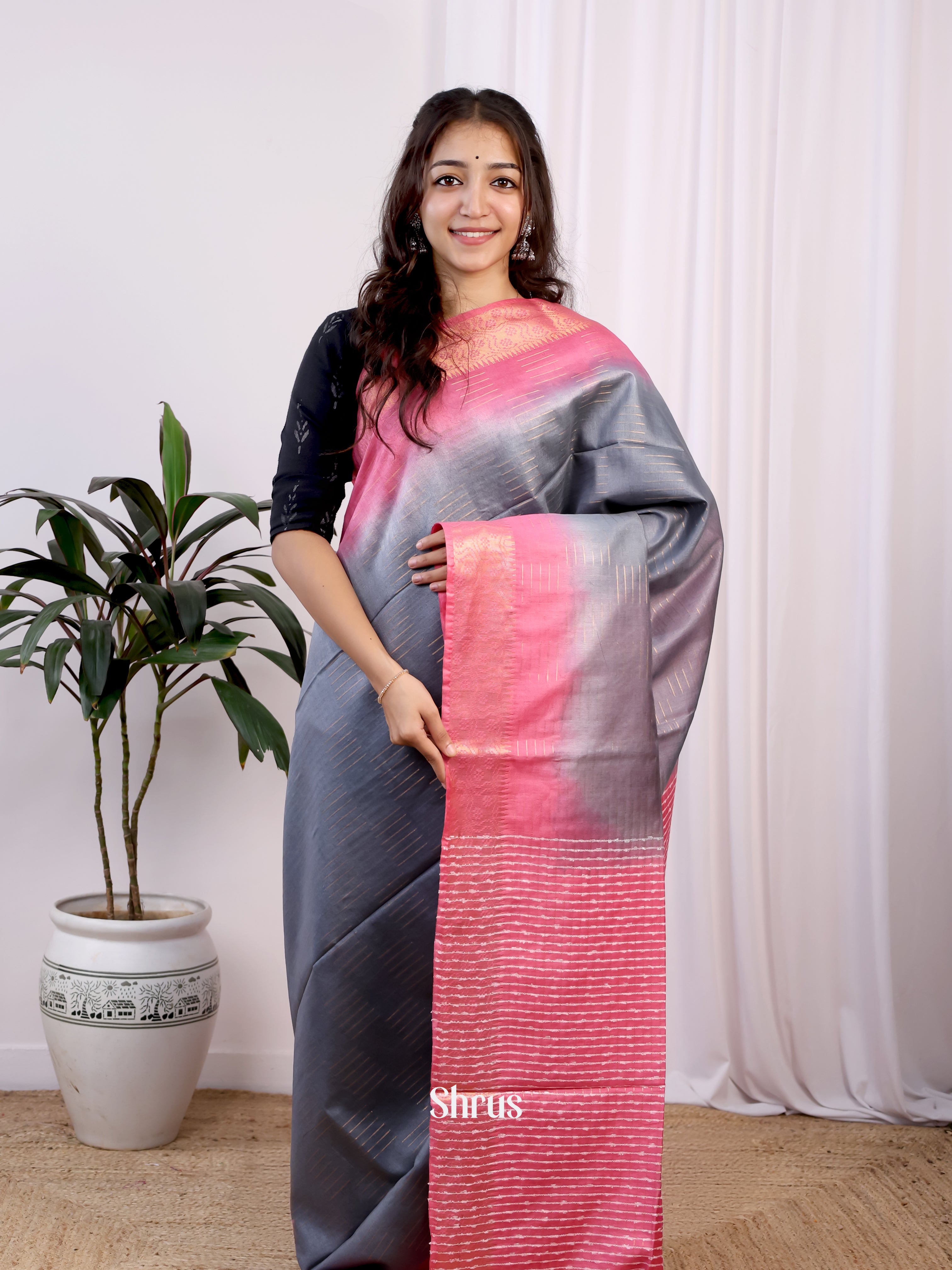 Grey & Pink- Semi Tussar Saree - Shop on Shrus.com