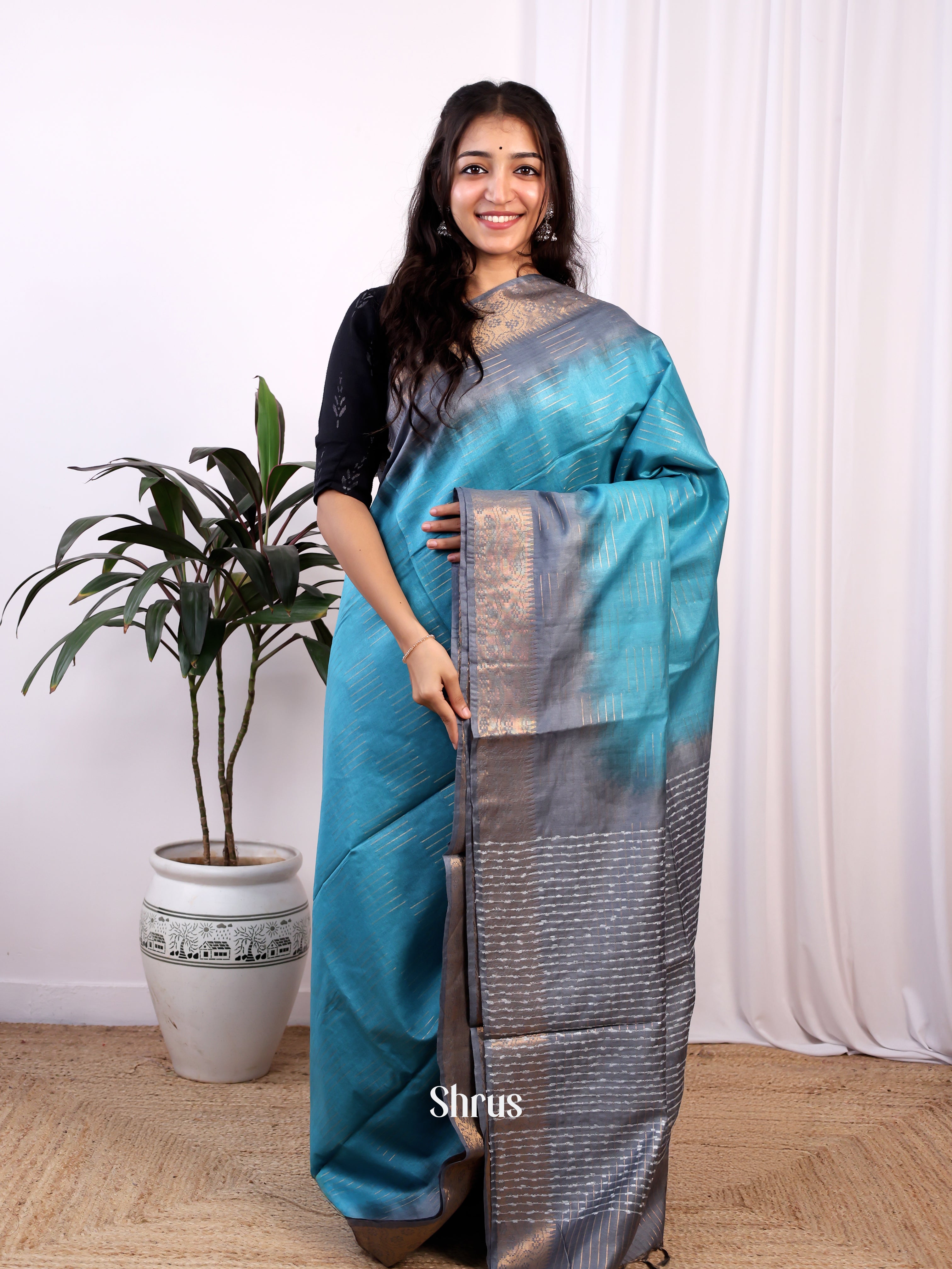 Blue & Grey -Semi Tussar - Shop on Shrus.com