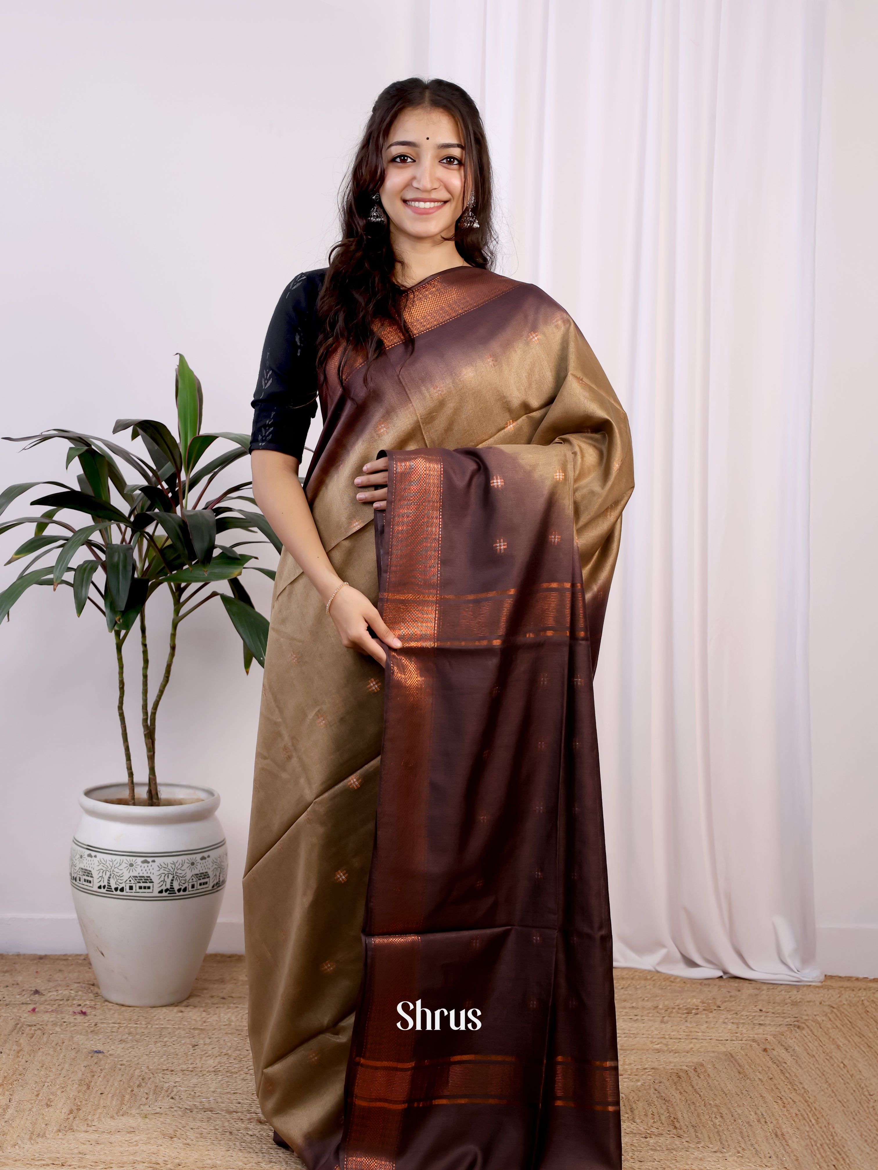 Lite Brown & Brown- Semi Tussar Saree - Shop on Shrus.com