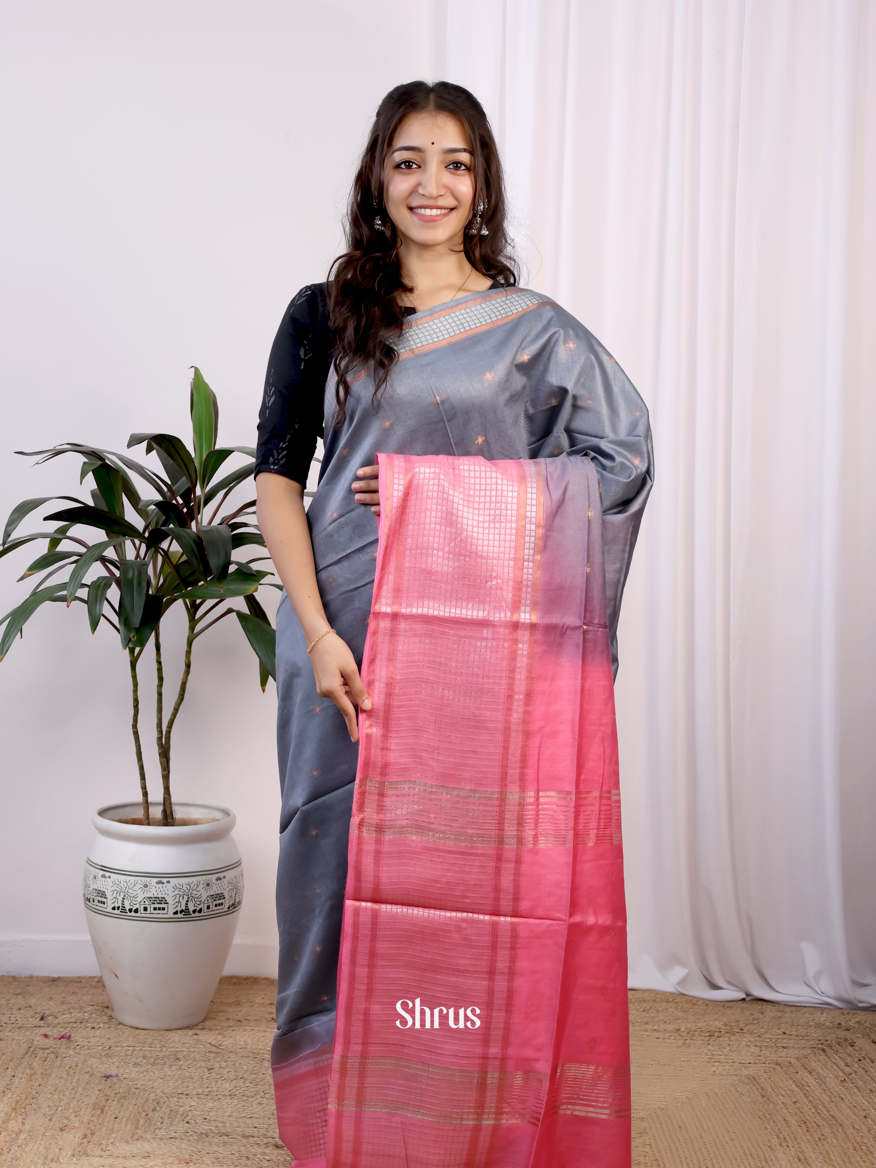 Grey & Pink- Semi Tussar Saree - Shop on Shrus.com