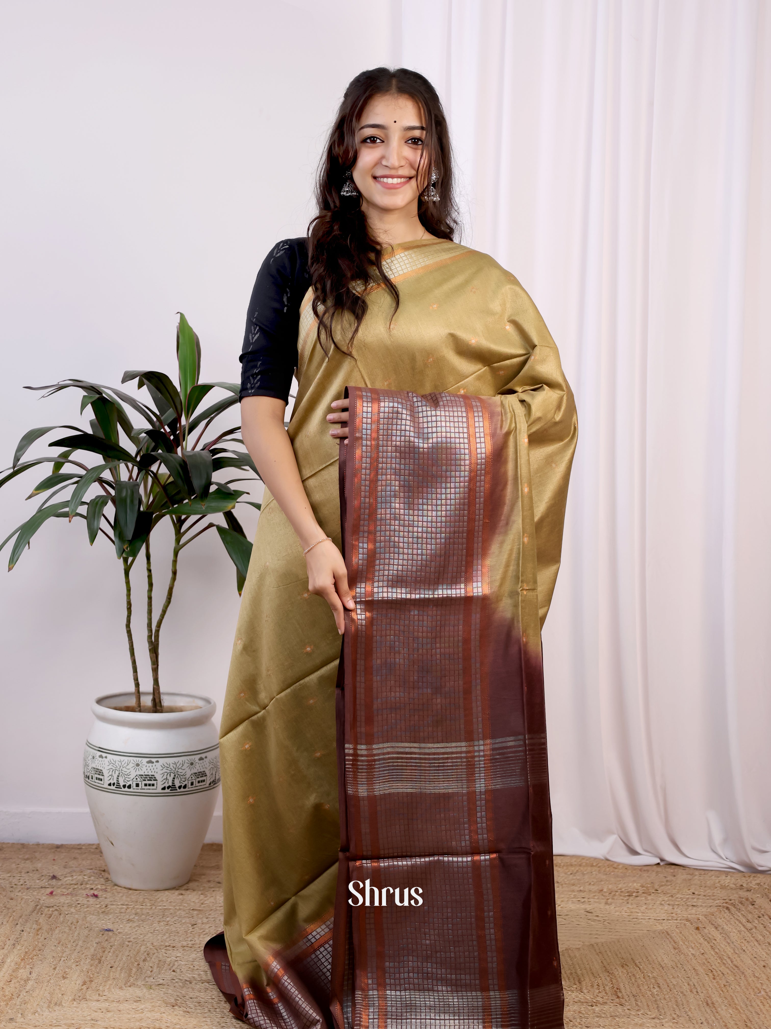 Green & Brown- Semi Tussar Saree - Shop on Shrus.com