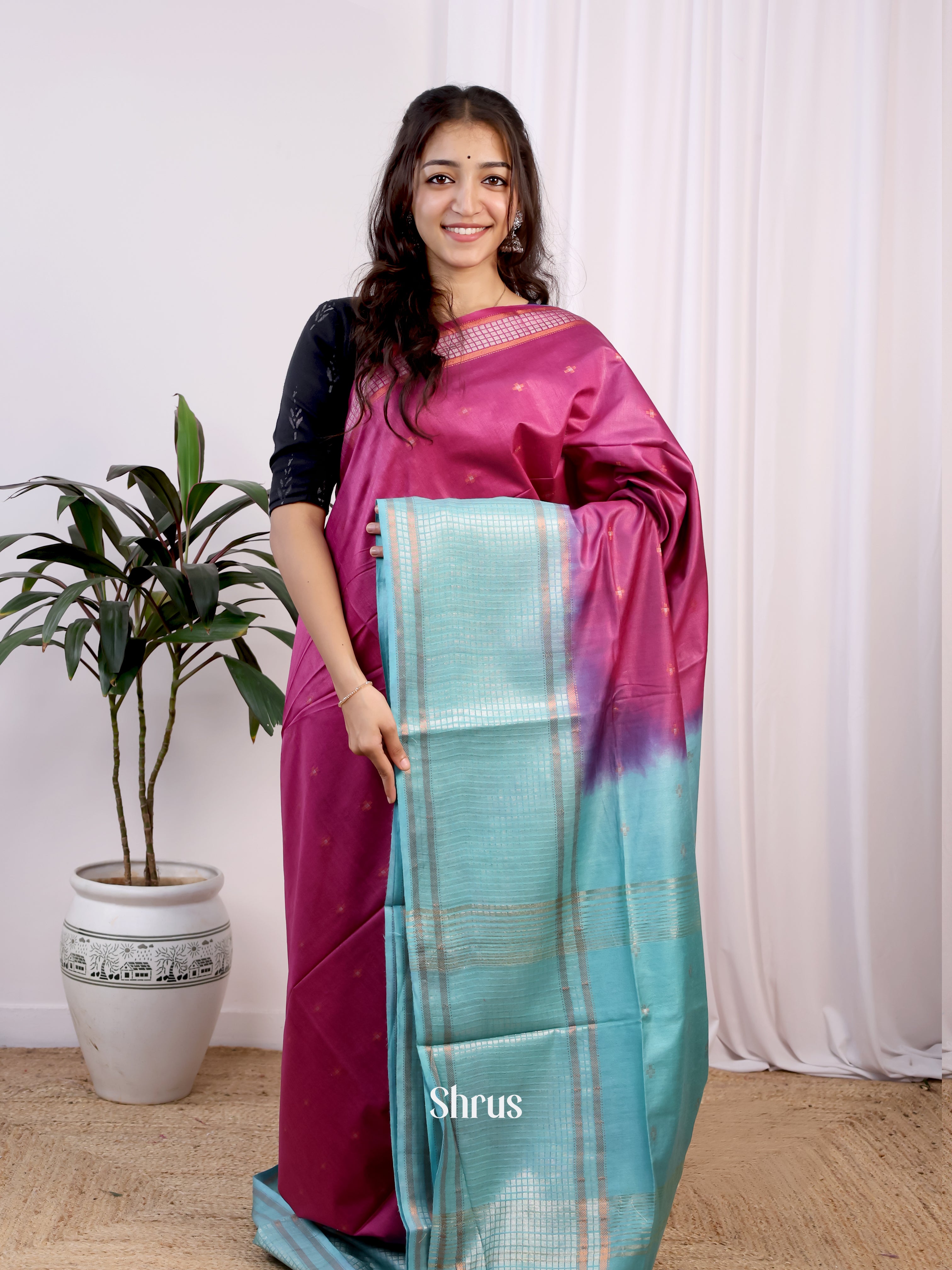 Majenta & Blue- Semi Tussar Saree - Shop on Shrus.com