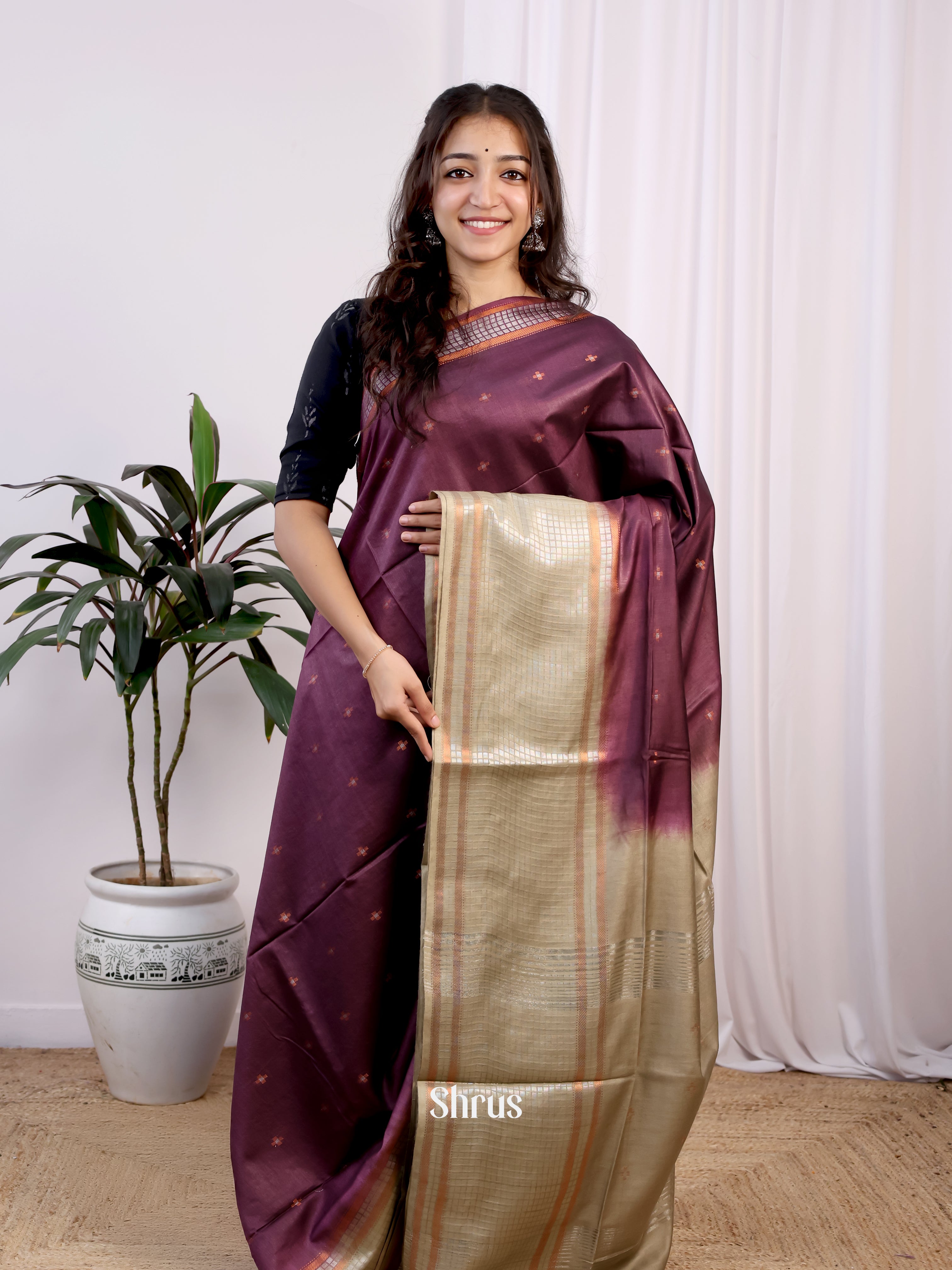 Wine & Grey- Semi Tussar Saree - Shop on Shrus.com