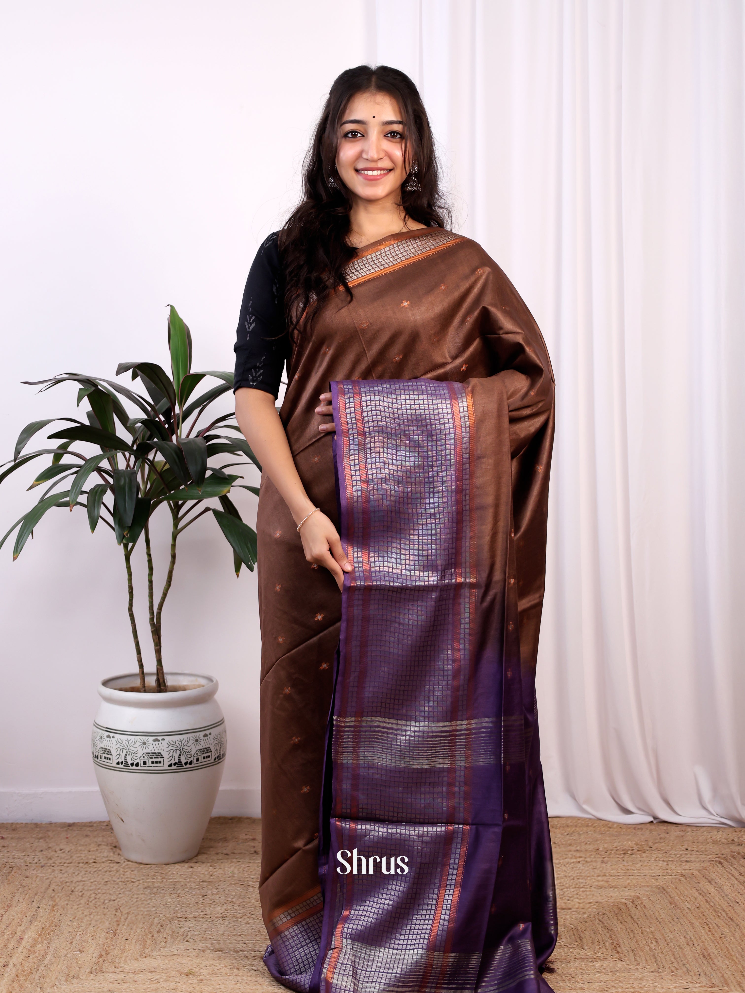 Brown & Violet -Semi Tussar Saree - Shop on Shrus.com