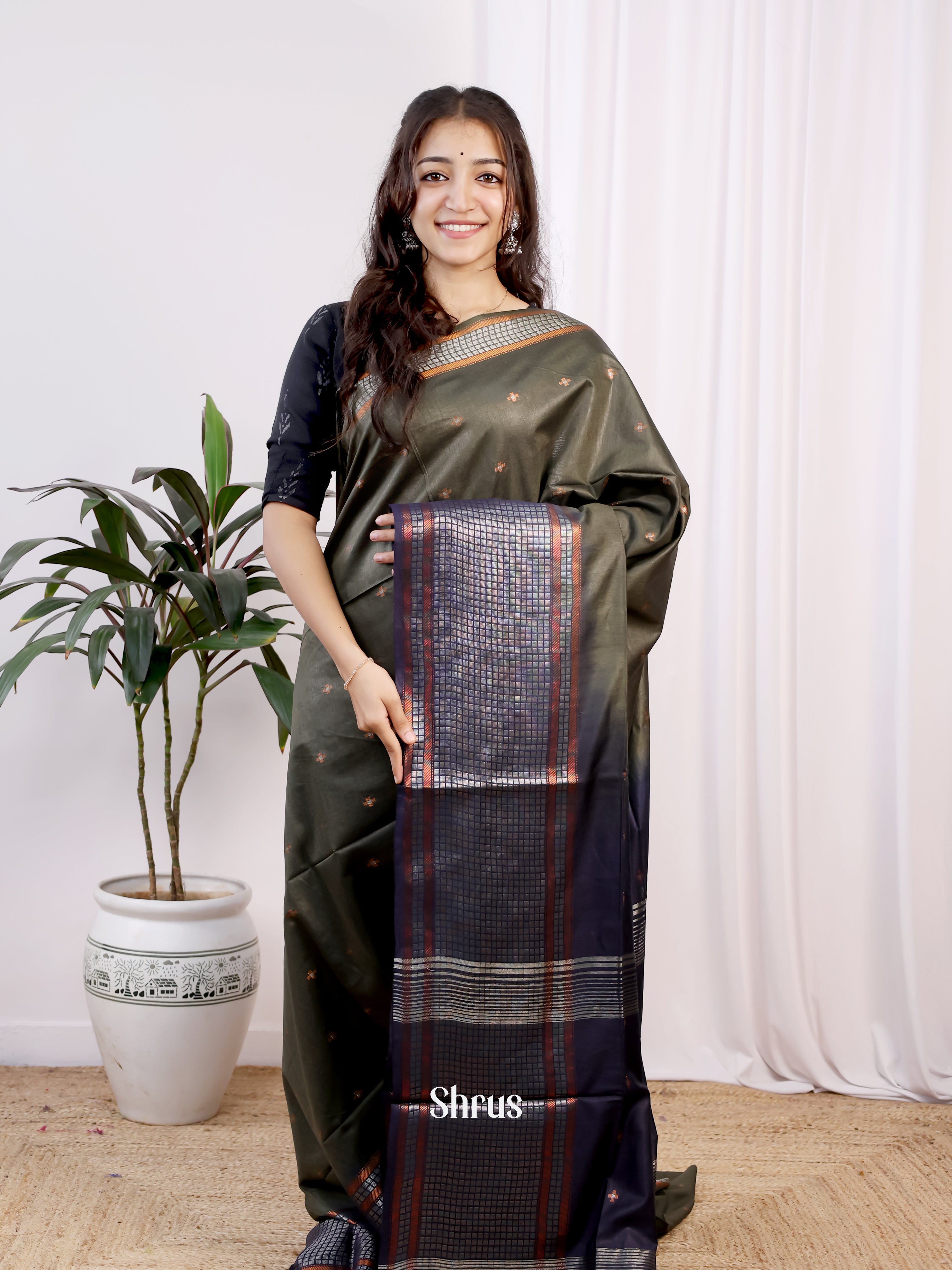 Army Green & Violet - Semi Tussar Saree - Shop on Shrus.com
