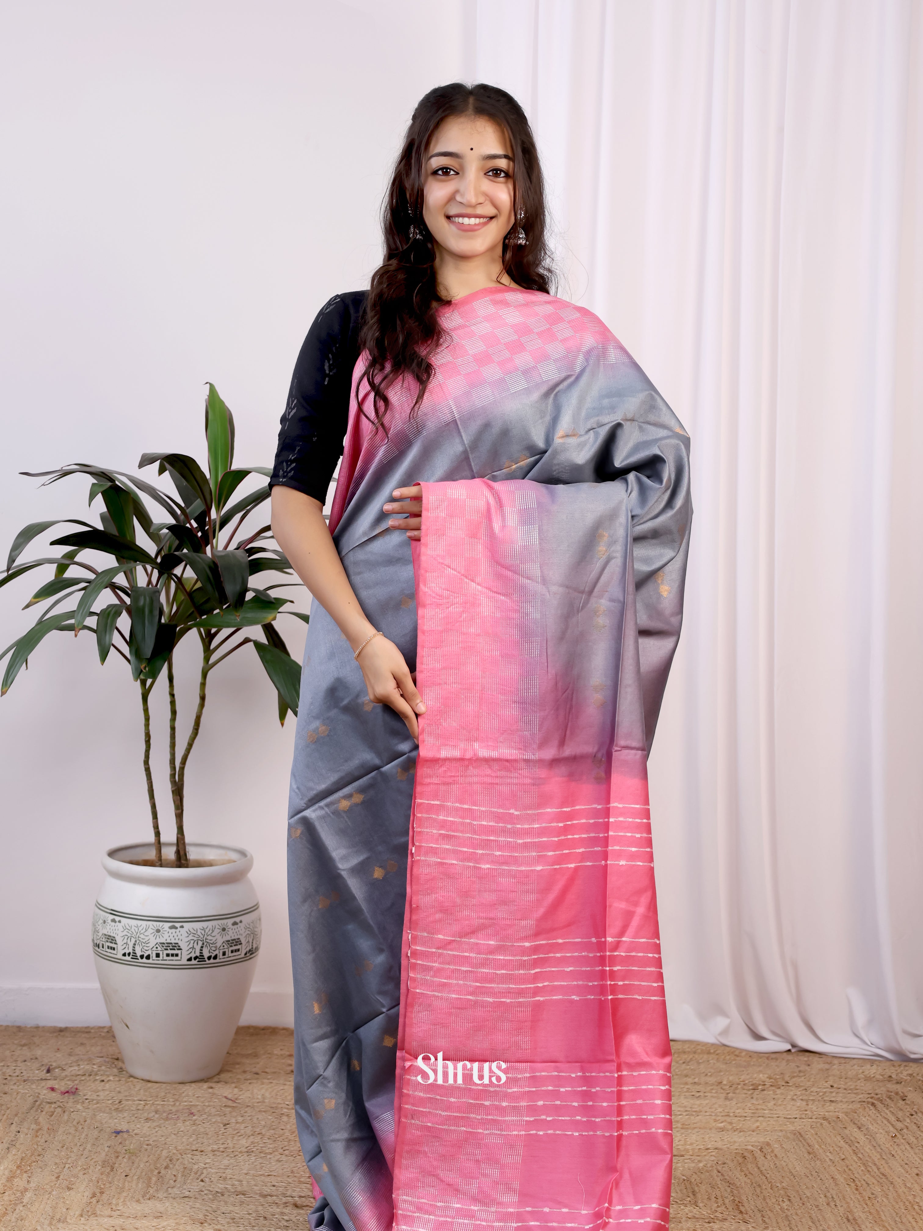 Grey & Pink -Semi Tussar Saree - Shop on Shrus.com