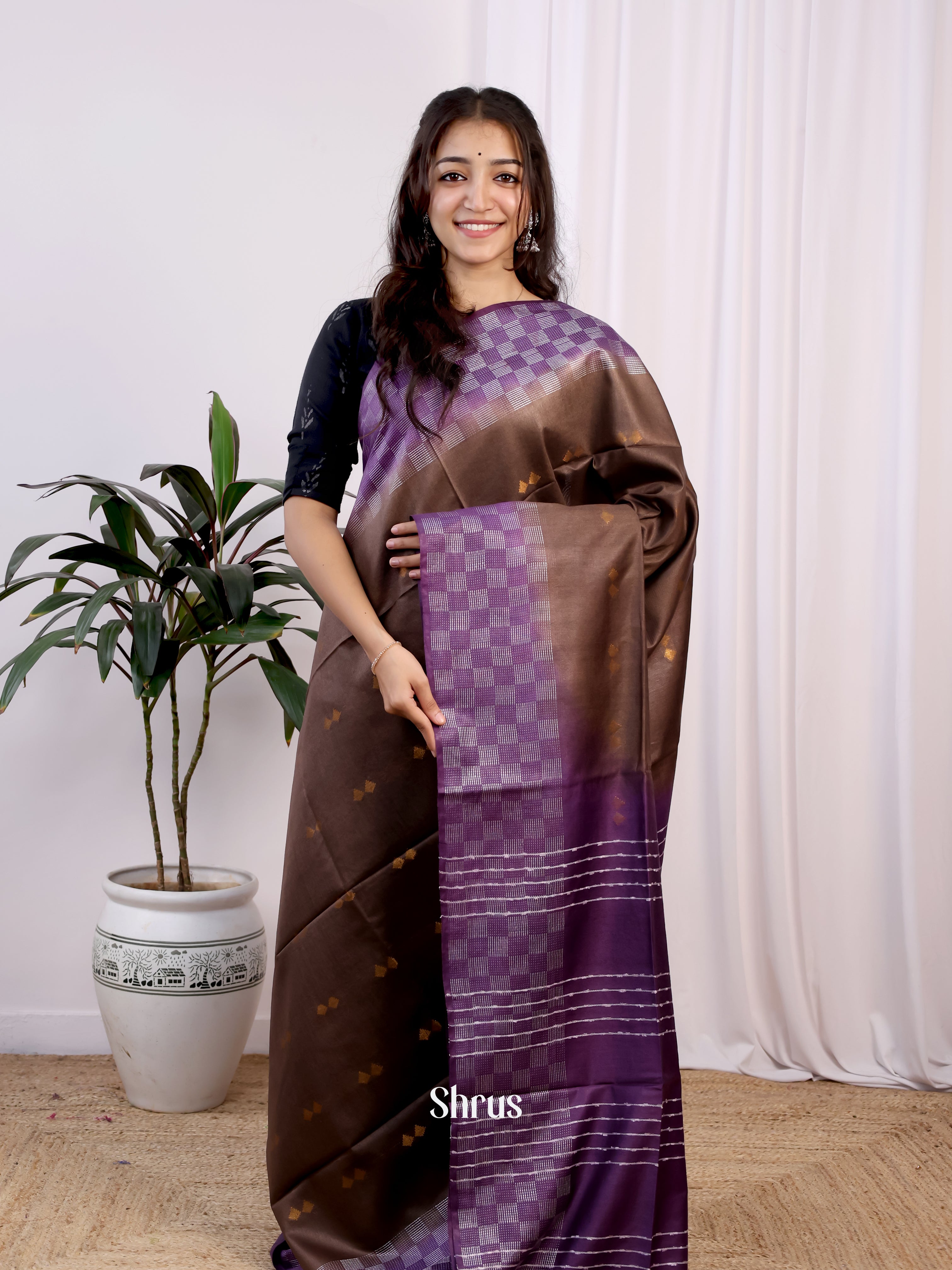 Brown & Violet -Semi Tussar - Shop on Shrus.com